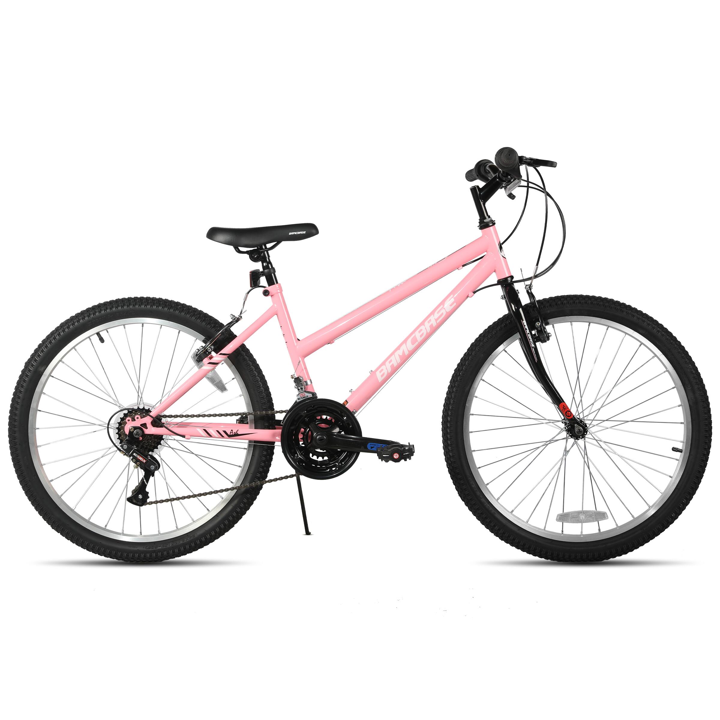 Angle. HILAND - BAMCBASE Lavender 26'' Step-through Mountain Bike with 18-Speed, High-Tensile Steel Frame Bicycle, MTB Women, Pink - pink.