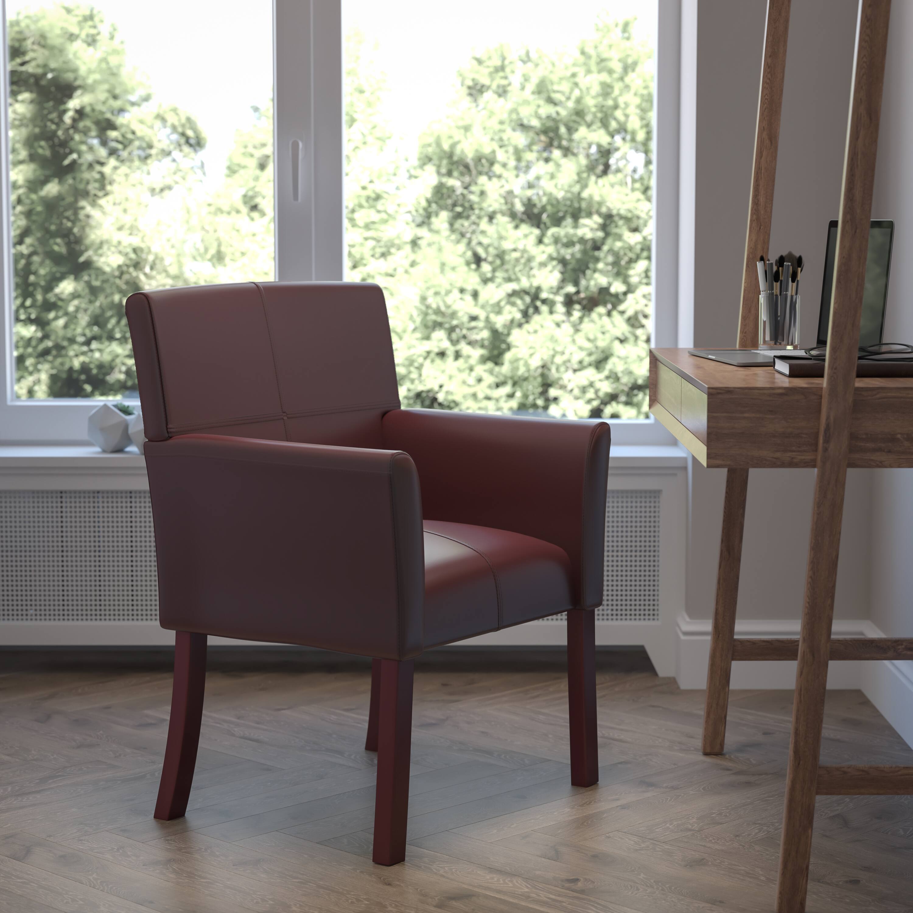 Alt View 1. Emma + Oliver - Faux Leather Executive Side Reception Chair with Mahogany Legs - Burgundy.