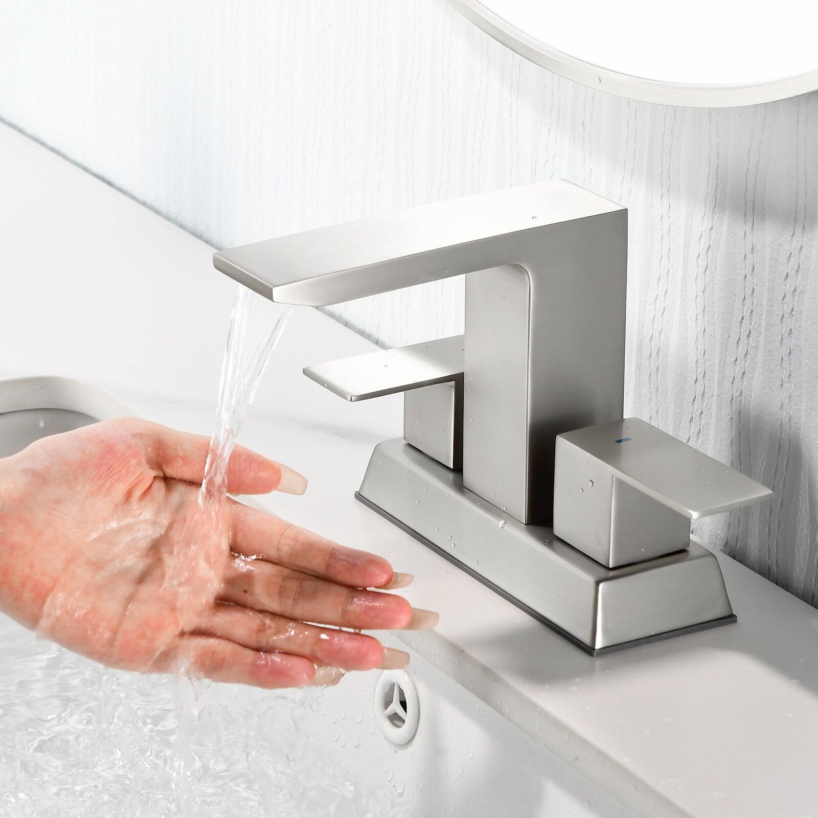 Alt View 4. Boyel Living - Brushed 4 Inch Centerset Faucet SUS304 Waterfall Spout 1.2GPM Dual Handle Pop Up Drain - Brushed Nickel.