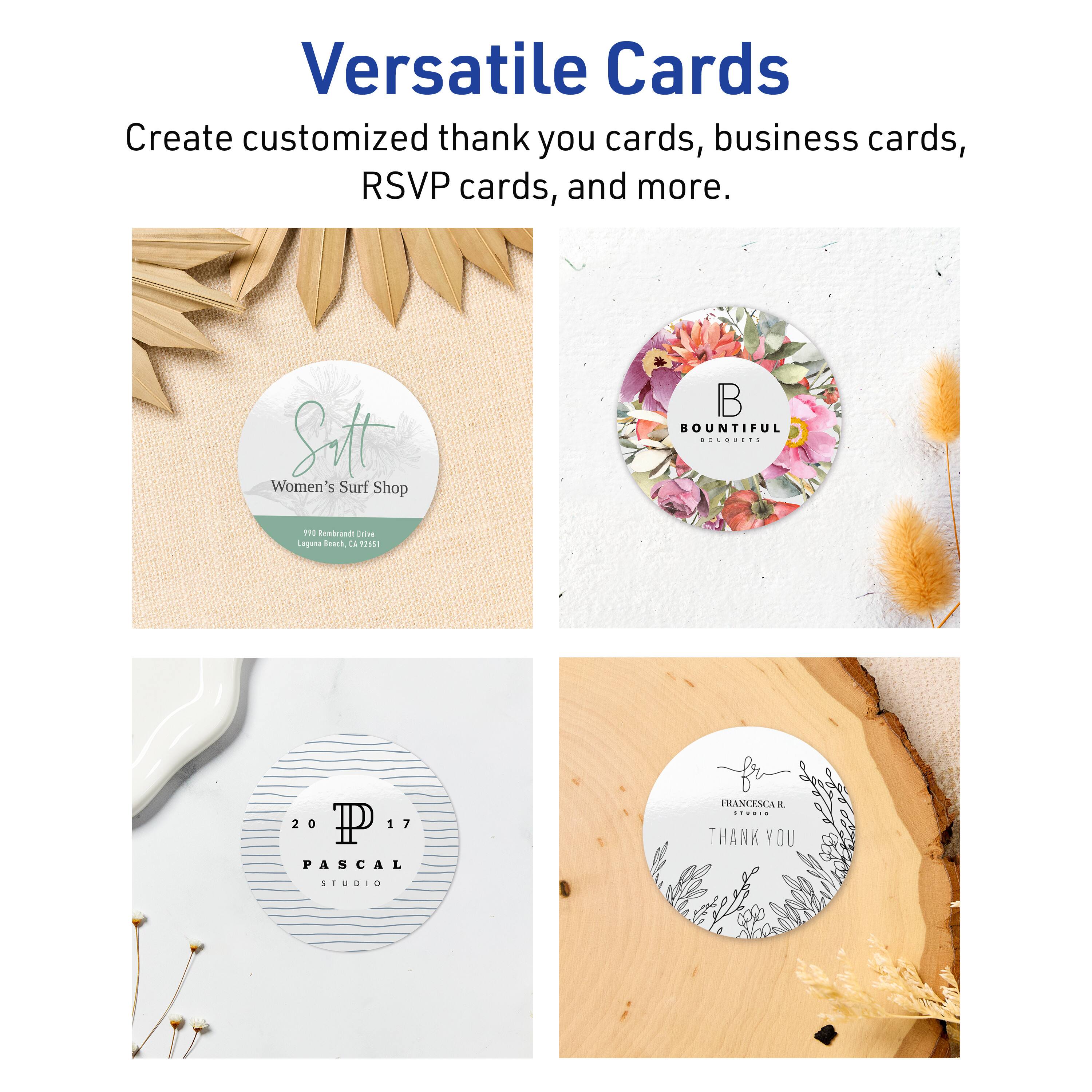 Versatile Cards

Create customized thank you cards, business cards, RSVP cards, and more.

- Sit Women's Surf Shop
  190 Richmond Drive
  Richmond, BC V6X 1C1

- BOUNTIFUL
  BAKERY

- 2017
  PASCAL
  STUDIO

- FRANCESCA R.
  THANK YOU