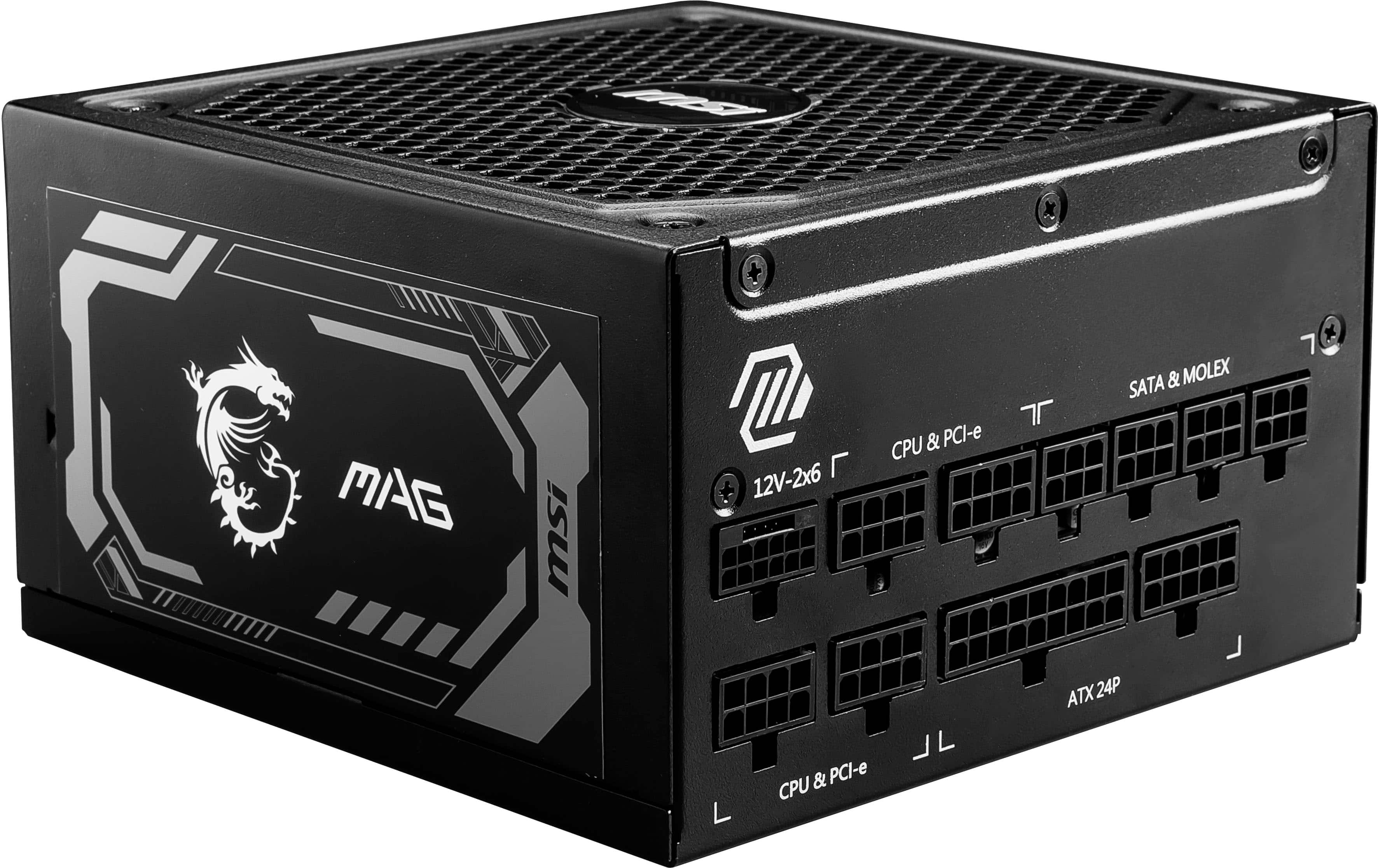 The image features a black computer tower with a Mag logo on the side. The tower is equipped with a MAG MSI M CPU and PCI-e, as well as a 12V-2x6 and Molex SATA. The tower also has a 7 JL CPU and PCI-e, and is an ATX24P model.