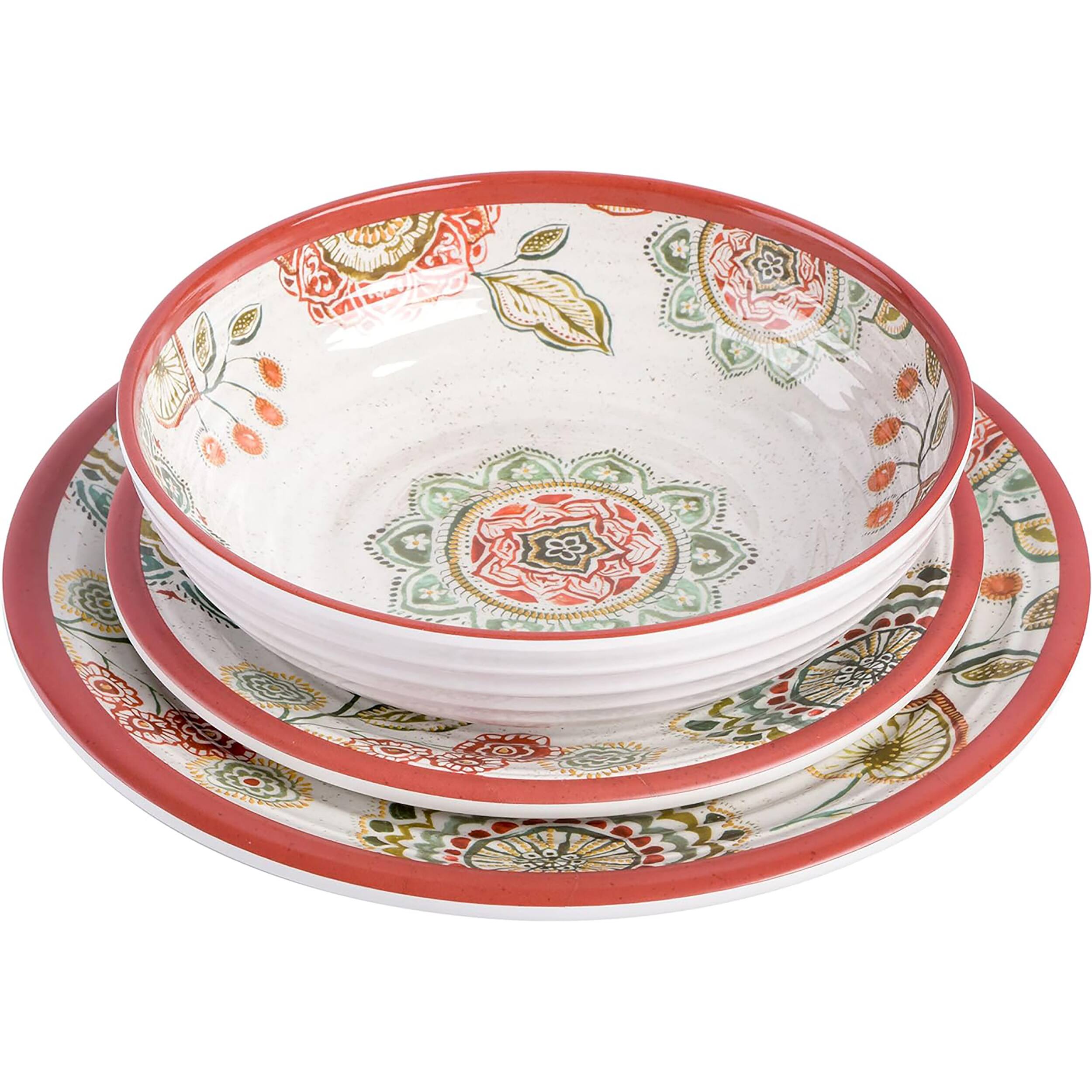 Alt View 2. Laurie Gates - Laurie Gates Brick Floral Ripple 12 Piece Melamine Dinnerware Set in Red - Multi.