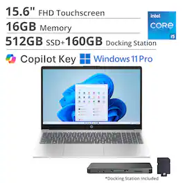 HP - 15.6" FHD TouchScreen Copilot Laptop,Intel Core i5 1334U,16GB RAM,512GB SSD+160GB Dock Set,Wi-Fi 6,Win 11 Pro - Silver