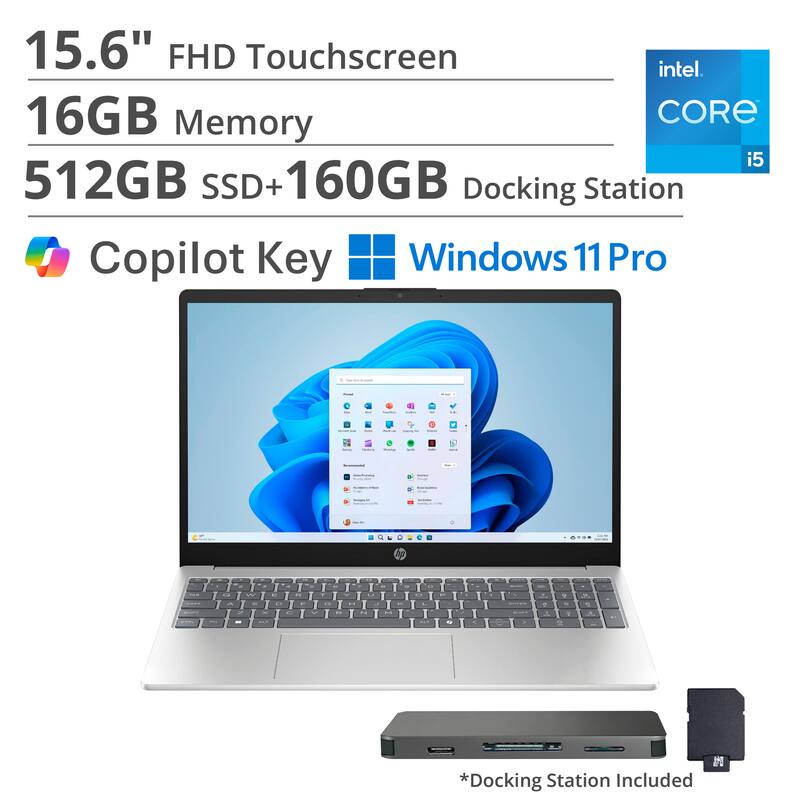 15.6" FHD Touchscreen  
16GB Memory  
512GB SSD + 160GB Docking Station  
Intel Core i5  
Copilot Key  
Windows 11 Pro  

*Docking Station Included