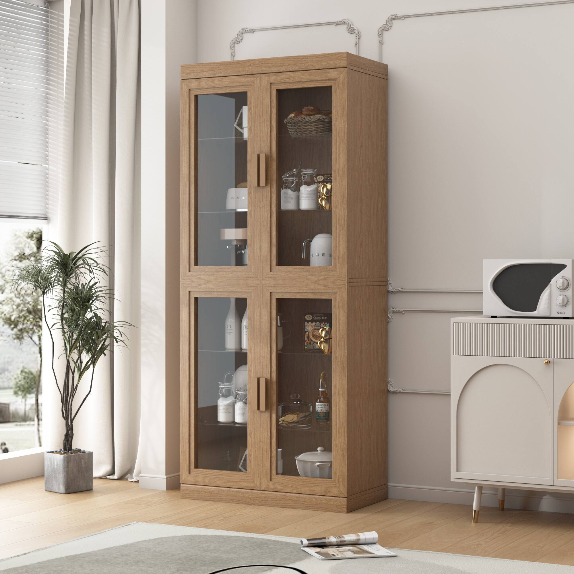 Alt View 3. PexFix - Farmhouse Buffet Sideboard, 36" Solid Wood Storage Cabinet with Scratch-Proof, Glass Doors and 2 Adjustable Shelves - Natural.