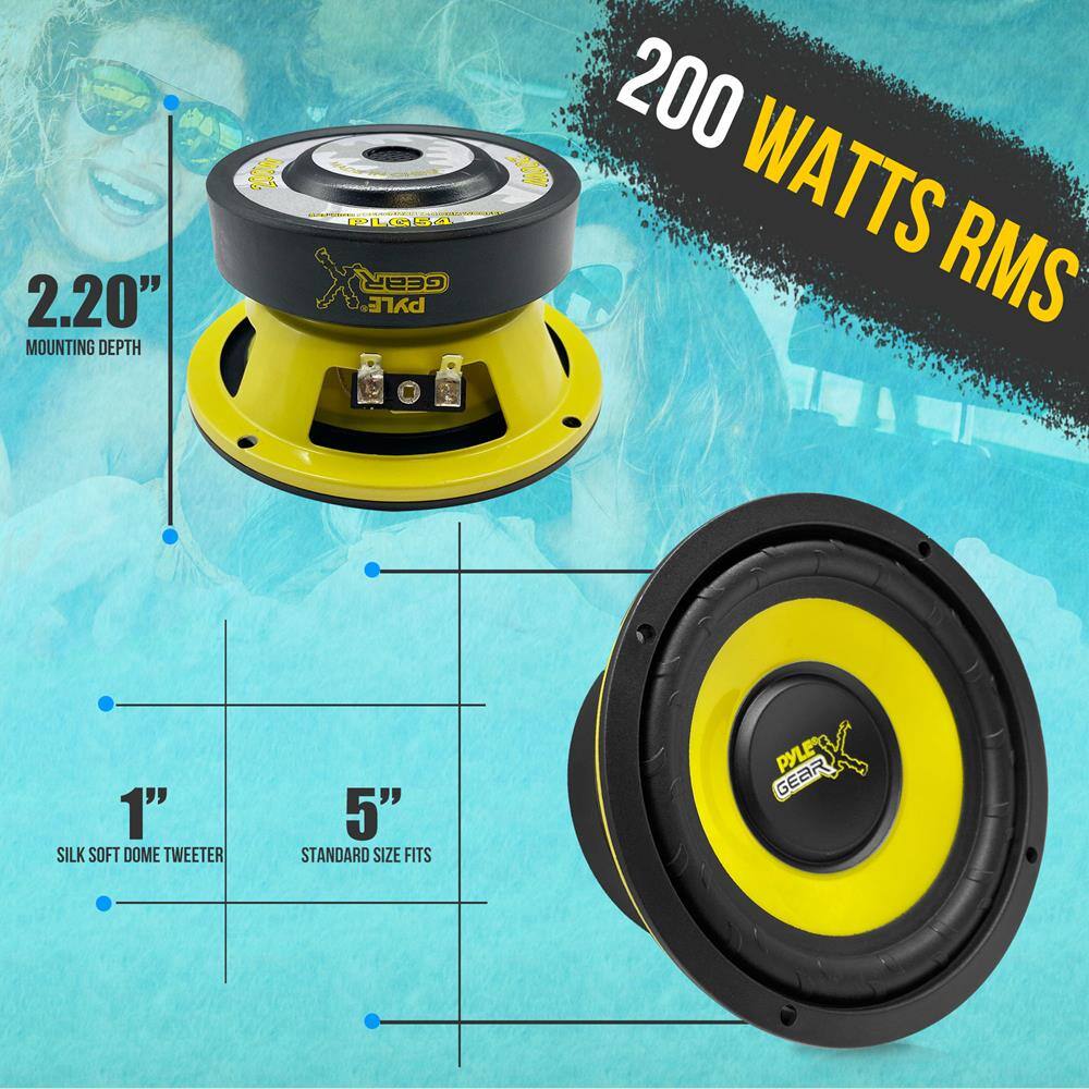 2.20" MOUNTING DEPTH  
200 WATTS RMS  
1" SILK SOFT DOME TWEETER  
5" STANDARD SIZE  
FITS PYLE GEAR