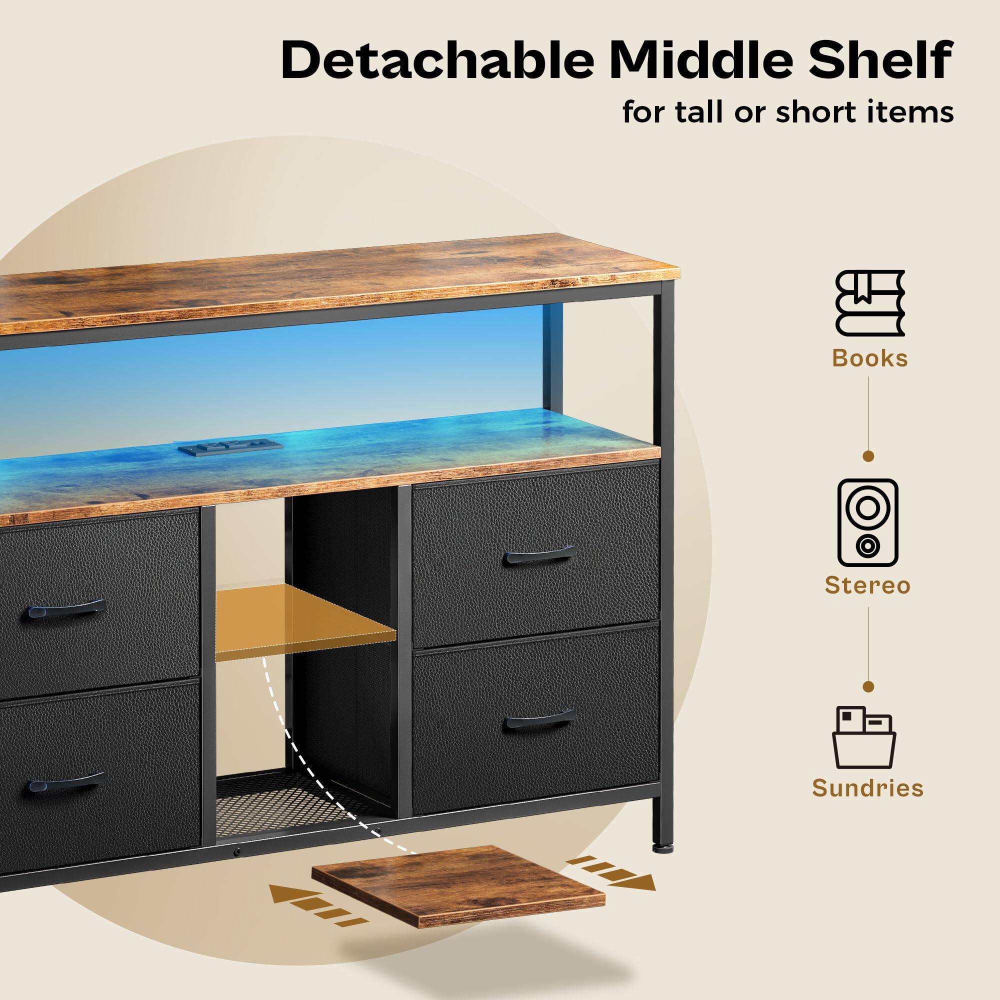Detachable Middle Shelf  
for tall or short items  

Books  
Stereo  
Sundries