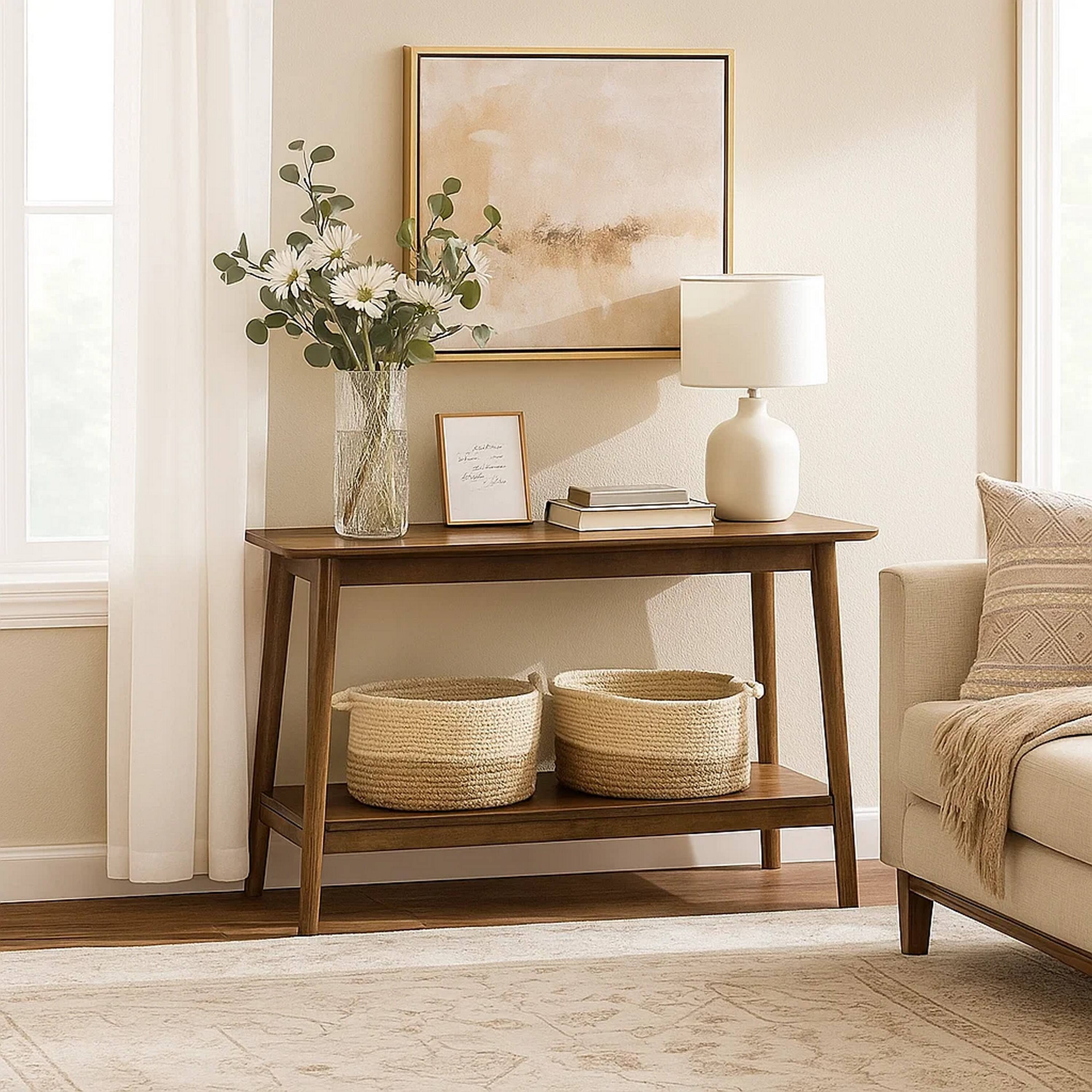 Alt View 5. Manhattan Lane - Fexy Sofa Console Table, 48 Inch Top with Lower Shelf - Walnut Brown.