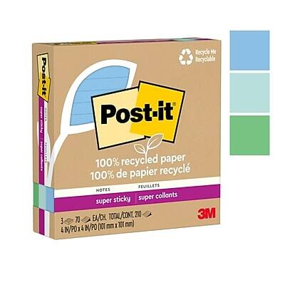 Post-it  
Recycle Me Recyclable  

100% recycled paper  
100% de papier recyclé  

NOTES  
FEUILLETS  

super sticky  
super collants  

3 EA/CH  
70 EA/CH  
TOTAL/CONT. 210  

3M  

4 IN x 4 IN (101 mm x 101 mm)