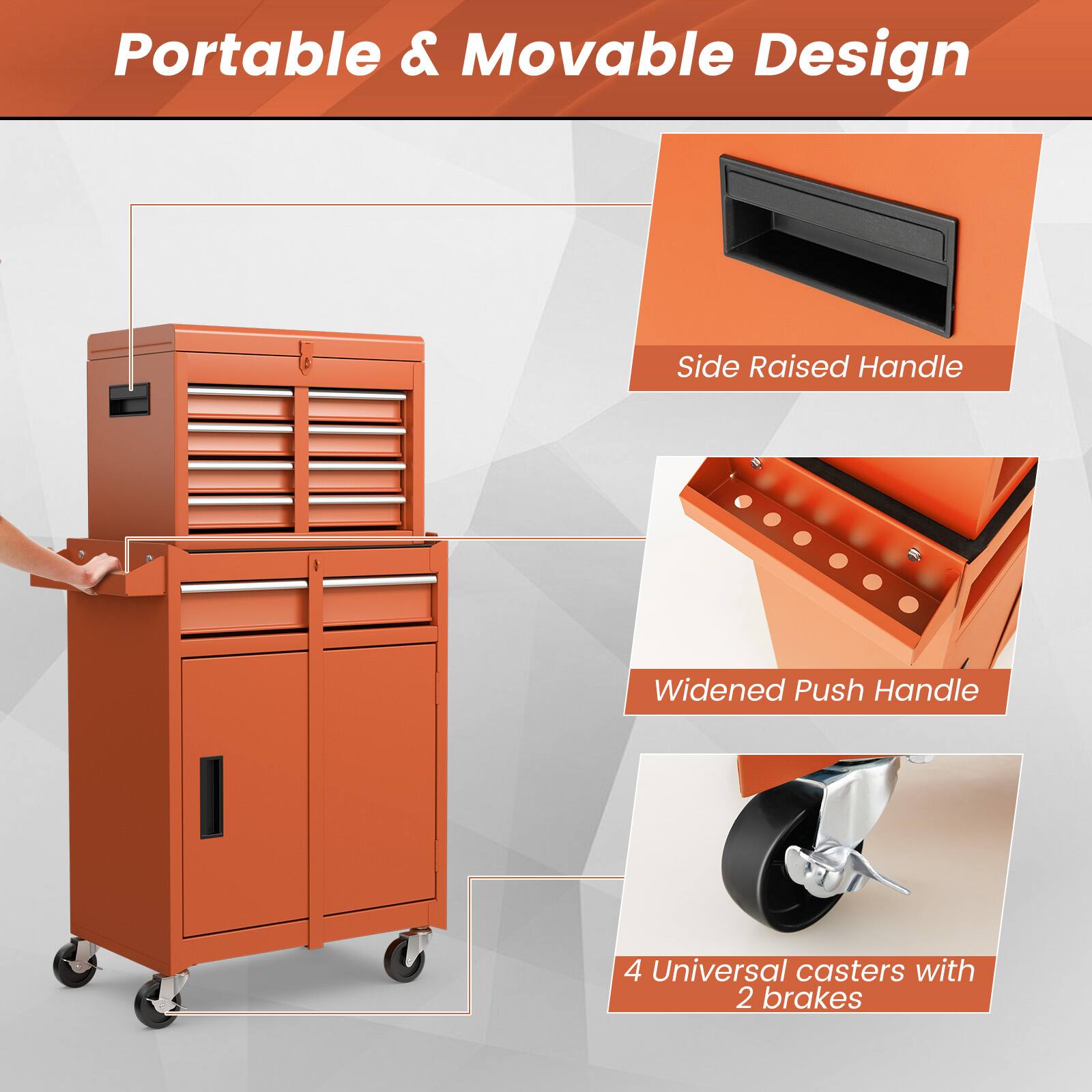 Portable & Movable Design
Side Raised Handle
Widened Push Handle
4 Universal casters with 2 brakes
