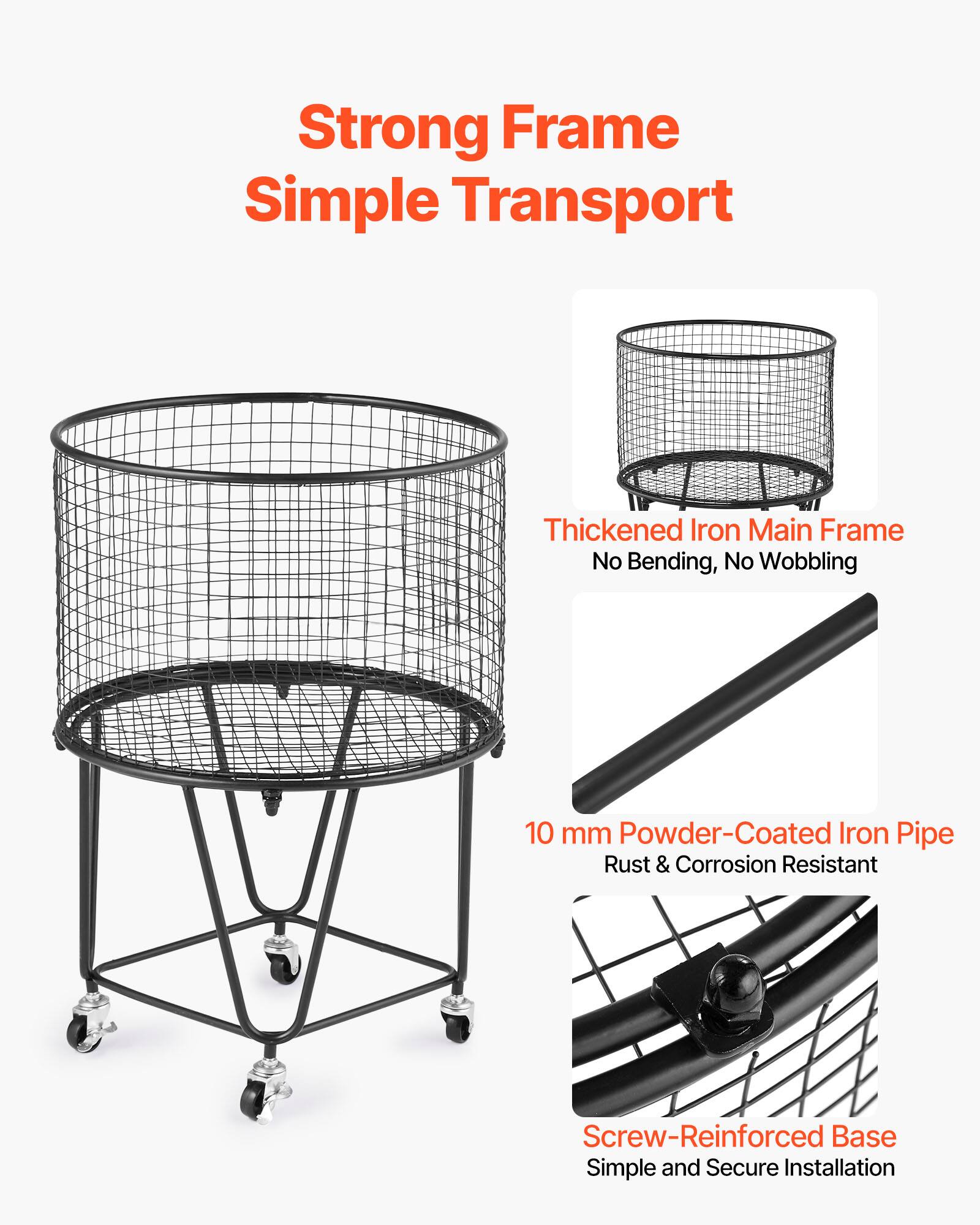 Strong Frame Simple Transport  
Thickened Iron Main Frame  
No Bending, No Wobbling  

10 mm Powder-Coated Iron Pipe  
Rust & Corrosion Resistant  

Screw-Reinforced Base  
Simple and Secure Installation