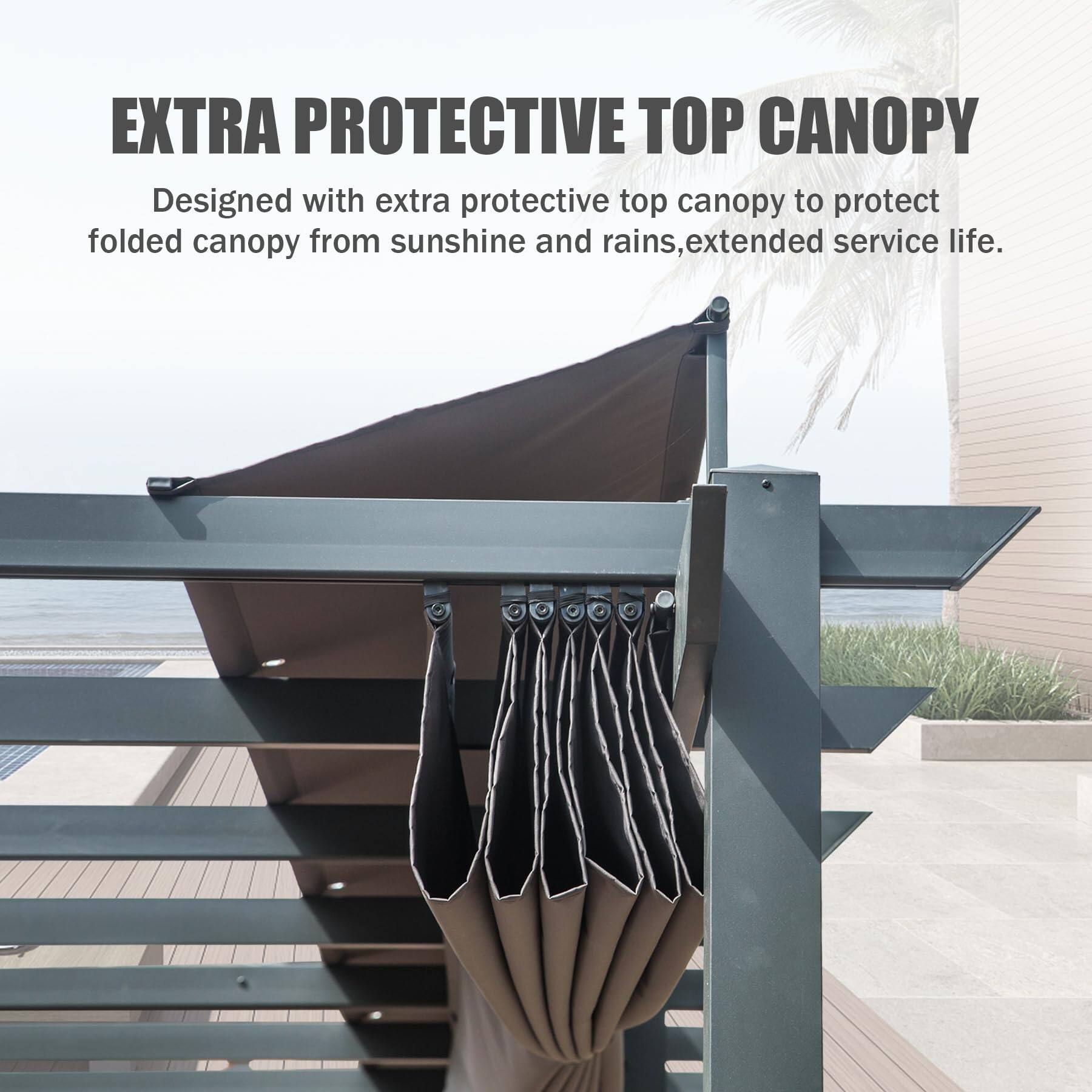 EXTRA PROTECTIVE TOP CANOPY

Designed with extra protective top canopy to protect folded canopy from sunshine and rains, extended service life.