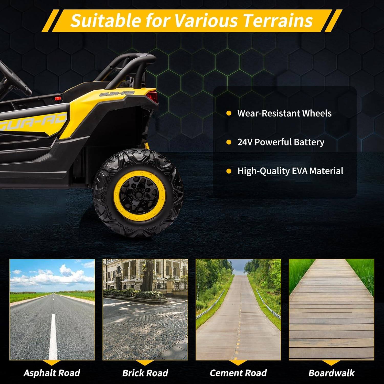 Suitable for Various Terrains

- Wear-Resistant Wheels
- 24V Powerful Battery
- High-Quality EVA Material

Asphalt Road  
Brick Road  
Cement Road  
Boardwalk