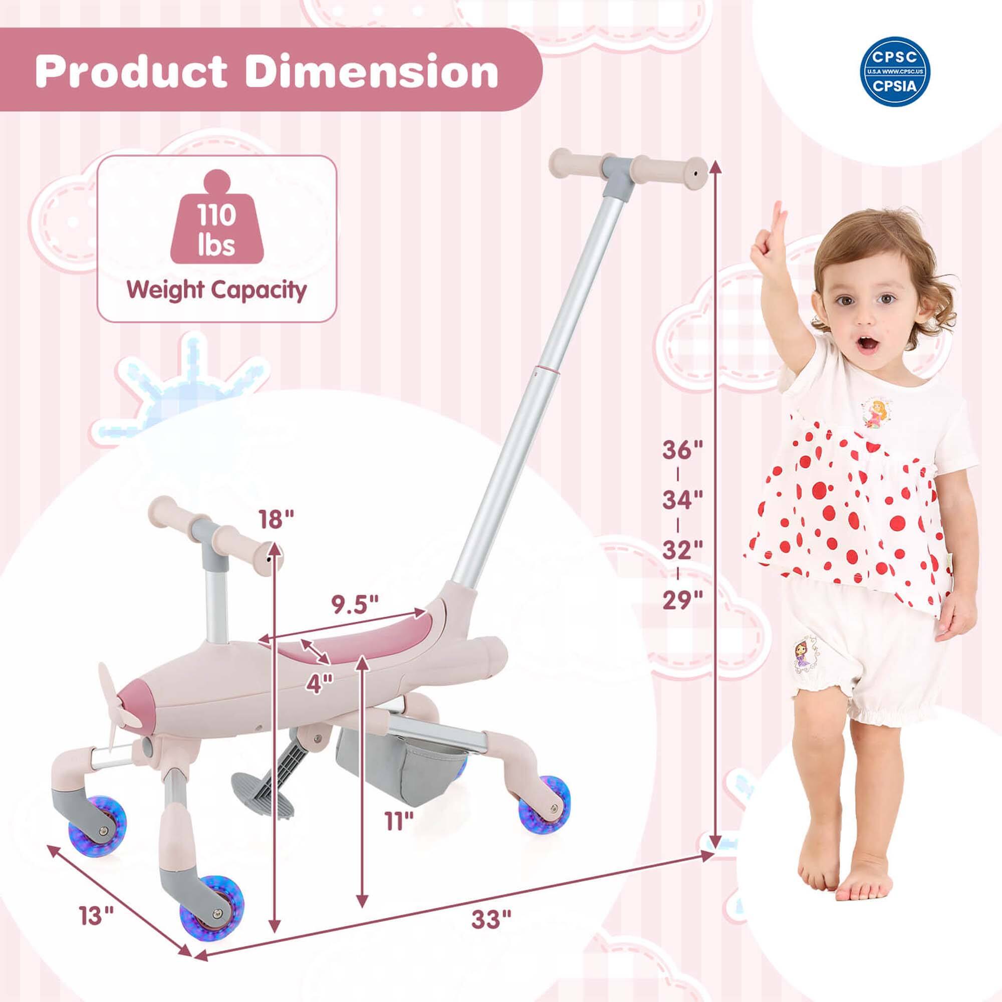 Product Dimension  
Weight Capacity: 110 lbs  

Dimensions:  
- Length: 36"  
- Width: 18"  
- Height: 34"  
- Seat Height: 9.5"  
- Seat Width: 11"  
- Seat Depth: 4"  
- Wheel Diameter: 13"  
- Overall Height: 33"  
- Handle Height: 32"  
- Base Width: 29"  

CPSIA Compliance