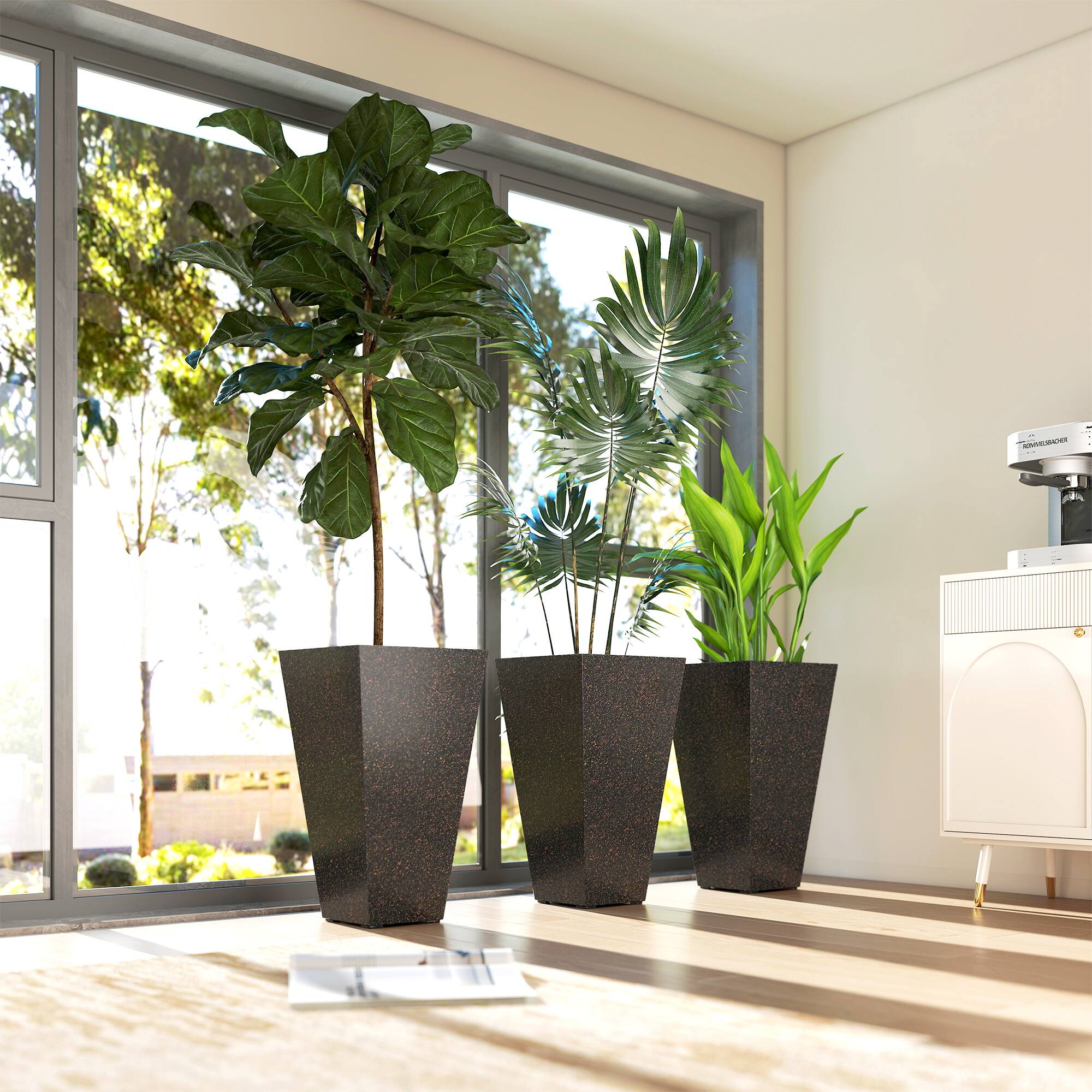 Alt View 8. Outsunny - 28 Inch Tall Planters for Outdoor Plants, Set of 3 Plastic Flower Pots with Marble Finish and Drainage Holes.