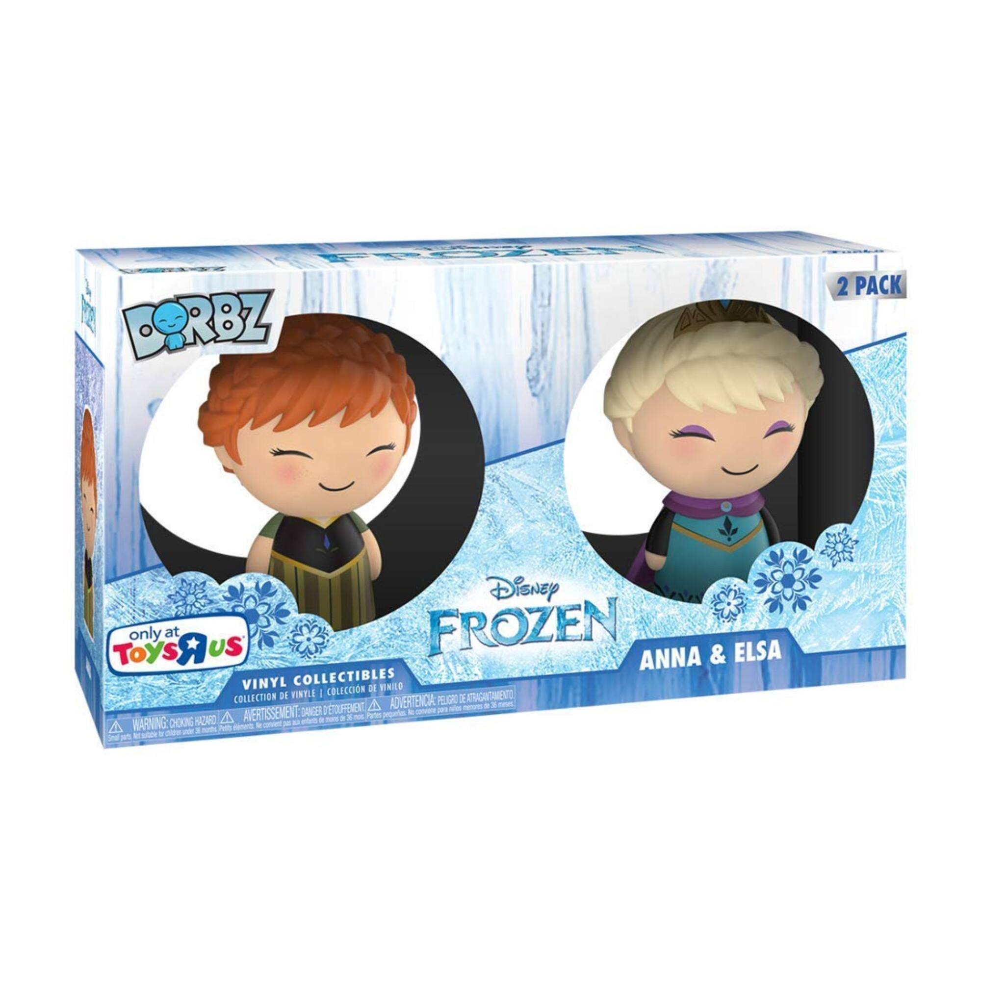 FROZEN BORBZ  
2 PACK  
Disney TOYSRUS only at FROZEN ANNA & ELSA VINYL COLLECTIBLES DE VINILO COLLECTION DE VINYLE | COLECCION DE ATRAGAMENTO!  
ERTENCIA EJGRO D'TOUFEDIENT  
4 AVERTISSEMENTS DANGER  
4 WARNING: CHOKING HAZARD