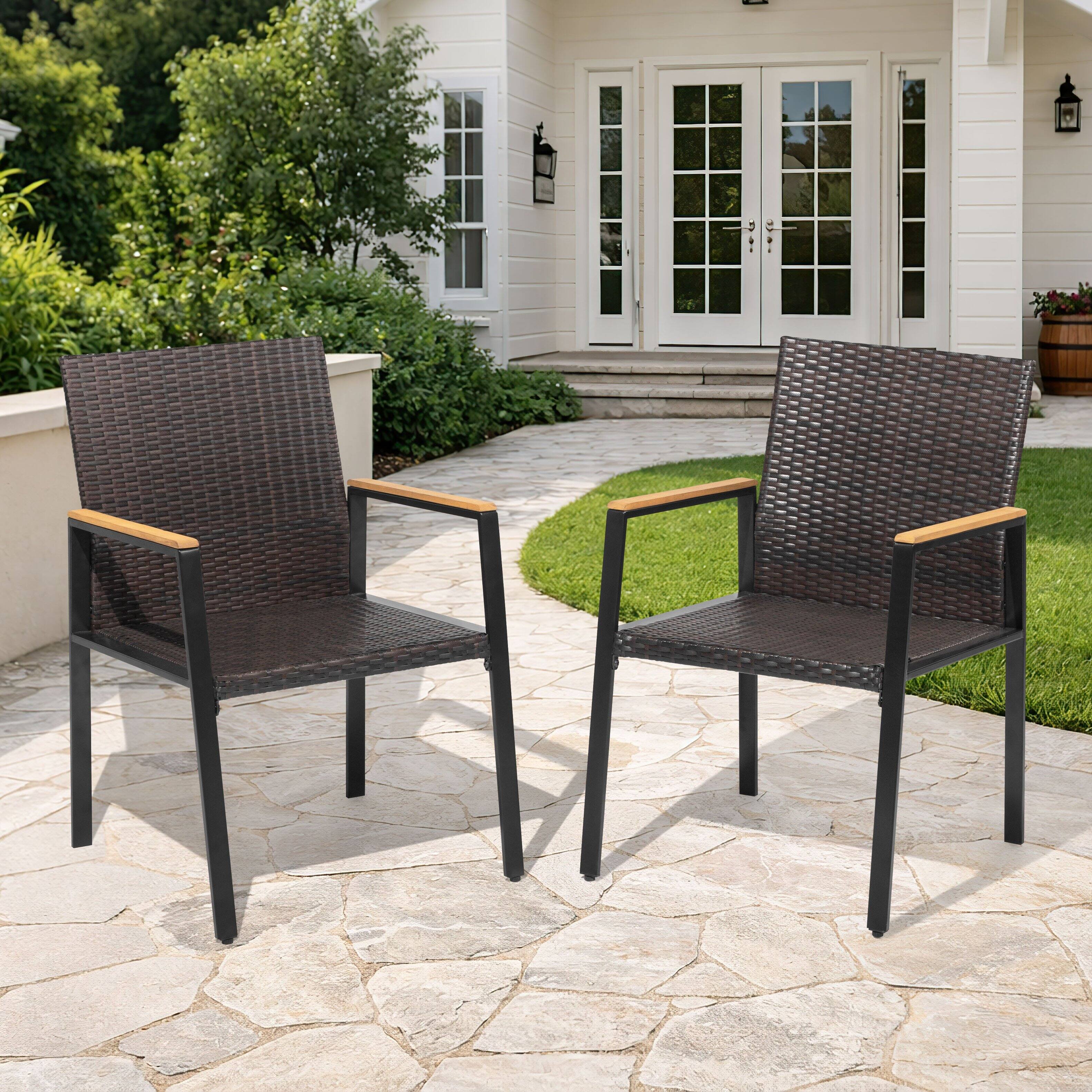 Angle. Nuu Garden - Patio Stackable Wicker Dining Chairs Set of 2, Acacia Wood Armrests - Brown and Black.