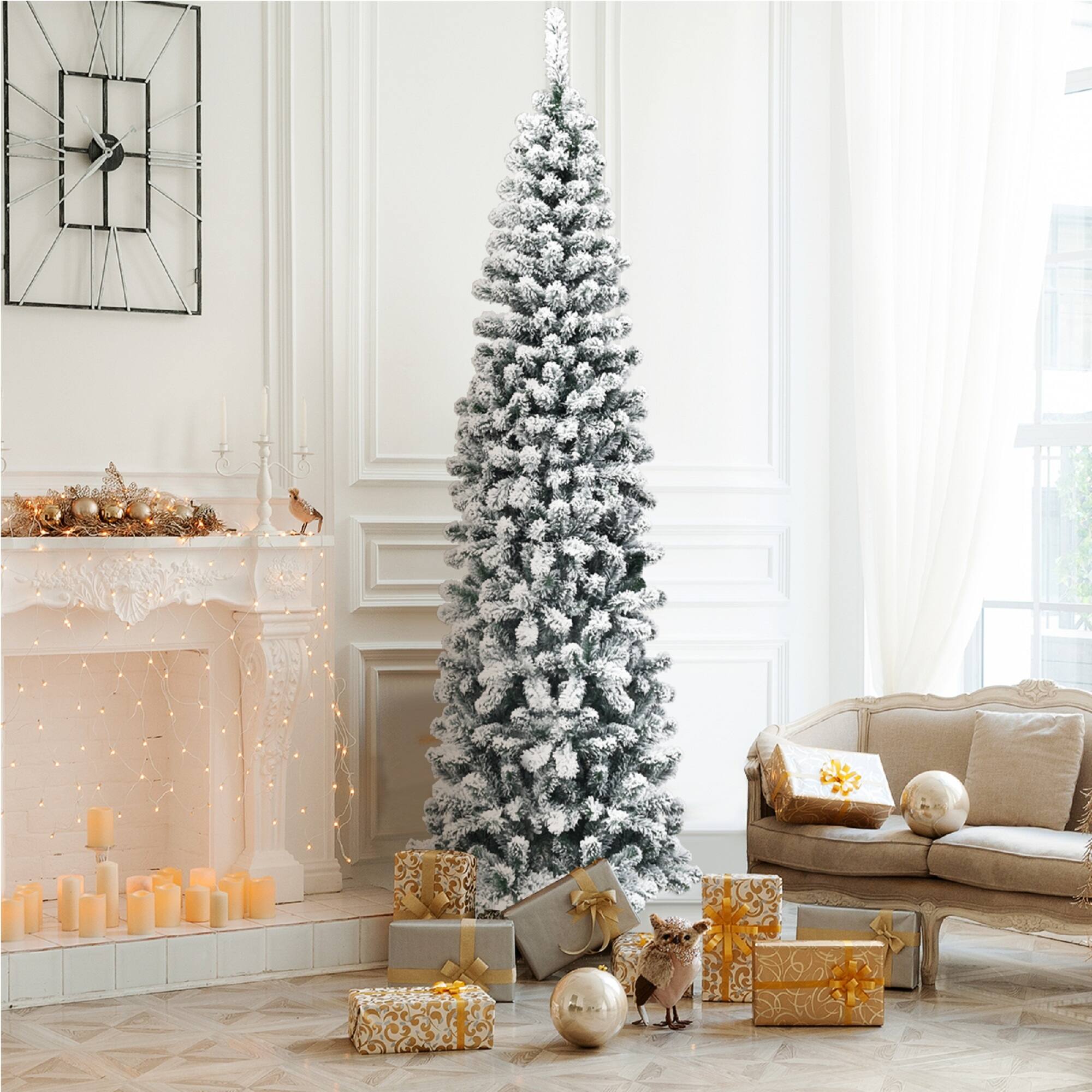 Alt View 14. Costway - 7.5Ft Unlit Hinged Snow Flocked Artificial Pencil Christmas Tree with 641 Tips - Green/White.