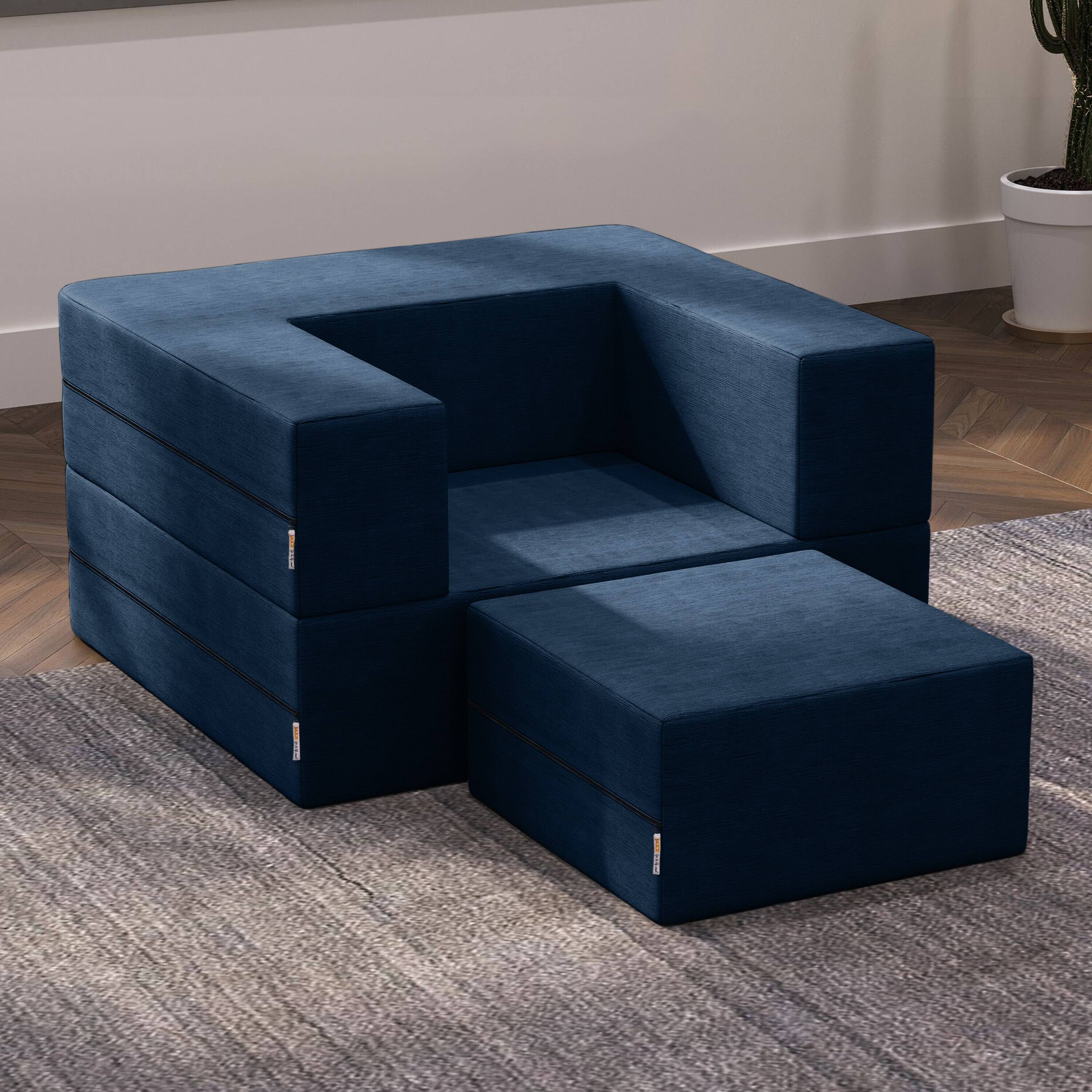 Left. Jaxx - Jaxx Zipline Convertible Sleeper Futon Chair & Ottoman with Machine-Washable Cover, Indigo - Indigo.