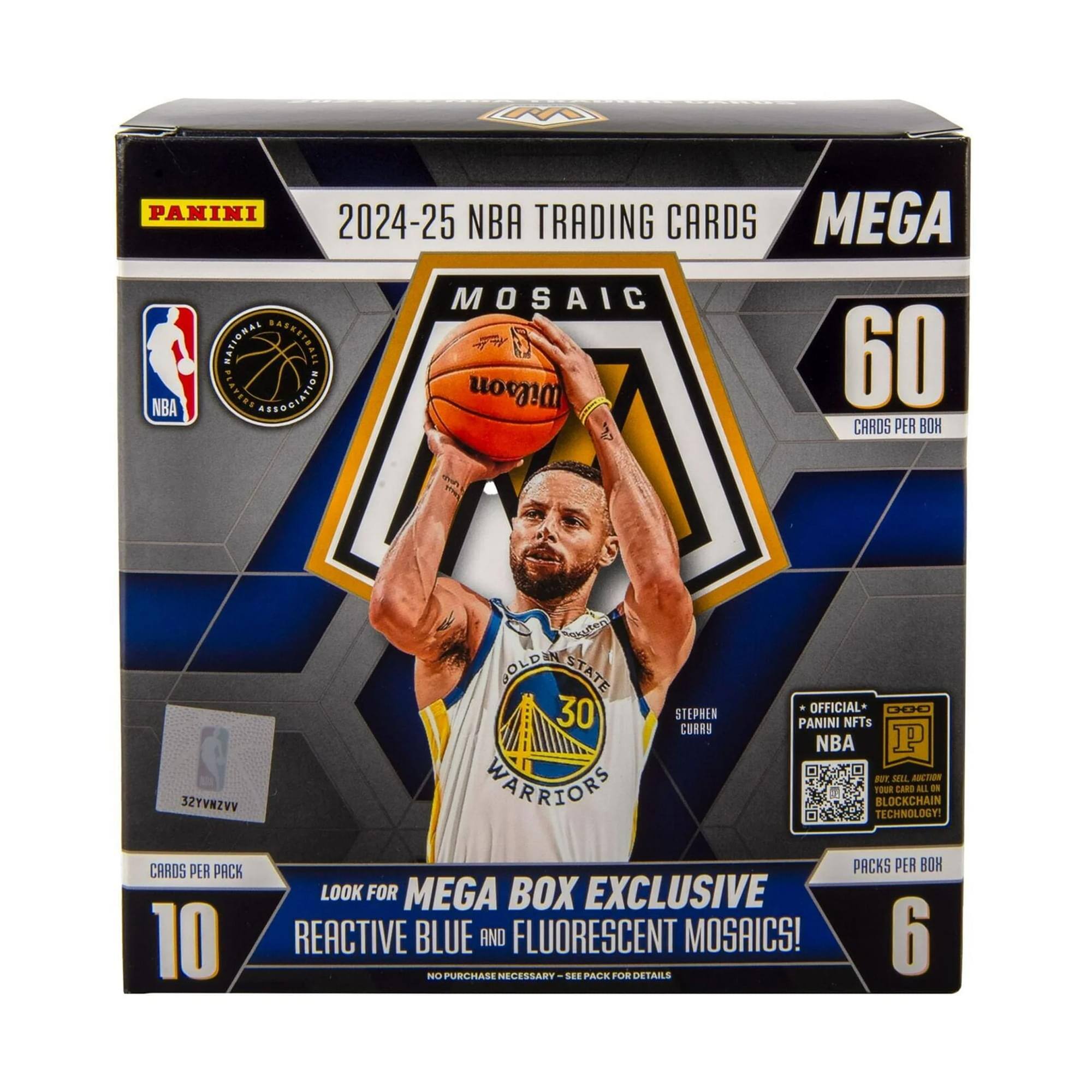 C PANINI MEGA 2024-25 NBA TRADING CARDS MOSAIC NATIONAL BASKETBALL ASSOCIATION 60 NBA BREAVES AEEOGIATION Wilson CARDS PER BOX 10 VVSHVYSE COLDAN STATE 30 WARRIORS STEPHEN CURRY OFFICIAL PANINI NFTs NBA P POT SL SUCTIN NOU CARD MLL ON BLOCKCHAIN TECHNOLOGY! CARDS PER PACK 10 LOOK FOR MEGA BOX EXCLUSIVE REACTIVE BLUE AND FLUORESCENT MOSAICS! NO PURCHASE NECESSARY SEE PACK FOR DETAILS PACKS PER BOX 6