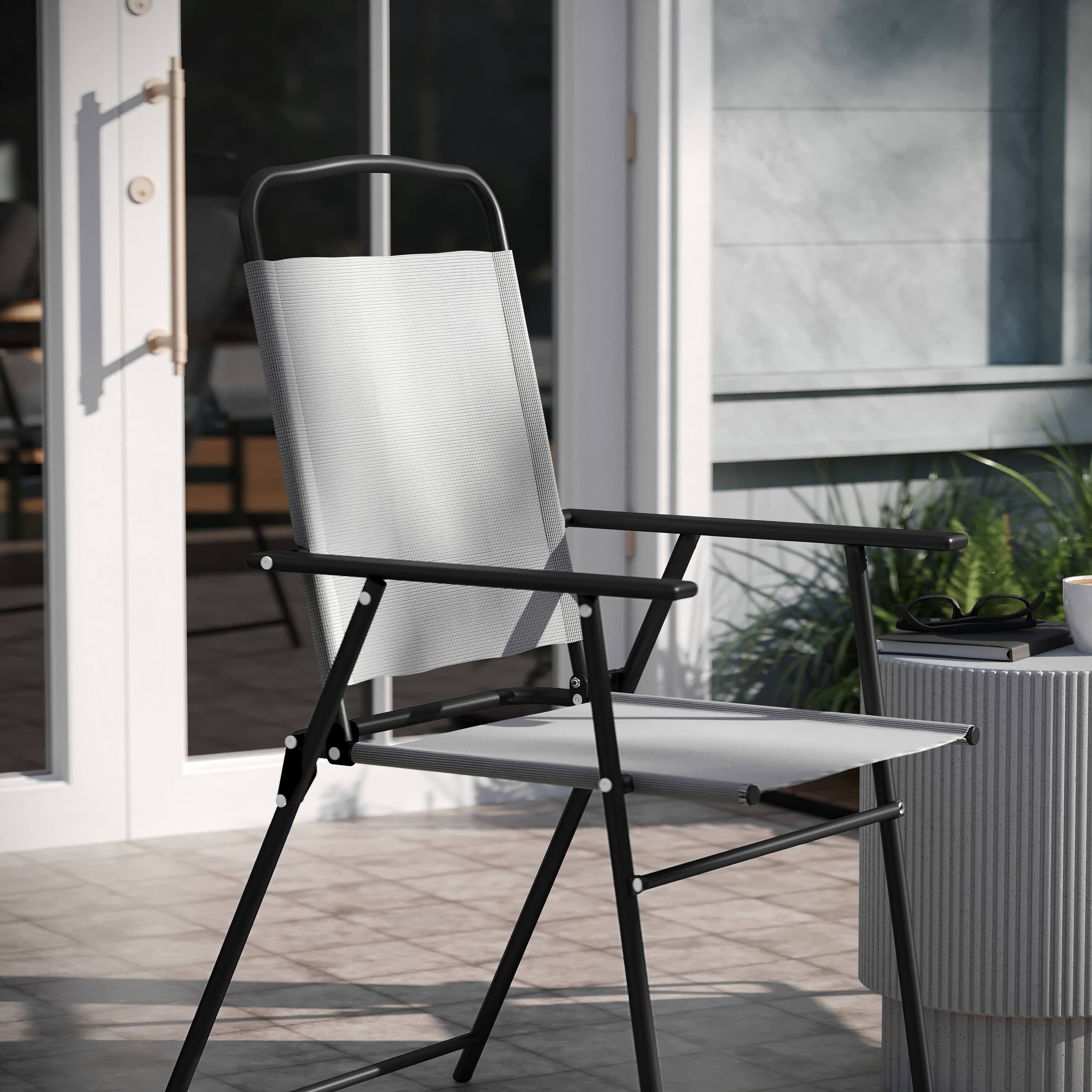 Alt View 5. Emma + Oliver - Munroe Set of 2 Textilene Folding Sling Style Patio Chairs with Armrests - Gray.