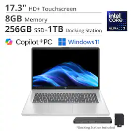 HP - 17.3" HD+ Touchscreen Laptop,Intel Ultra 7 255U,8GB DDR4,256GB SSD+1TB Dock Set,Backlit Keyboard,Win 11 - Blue