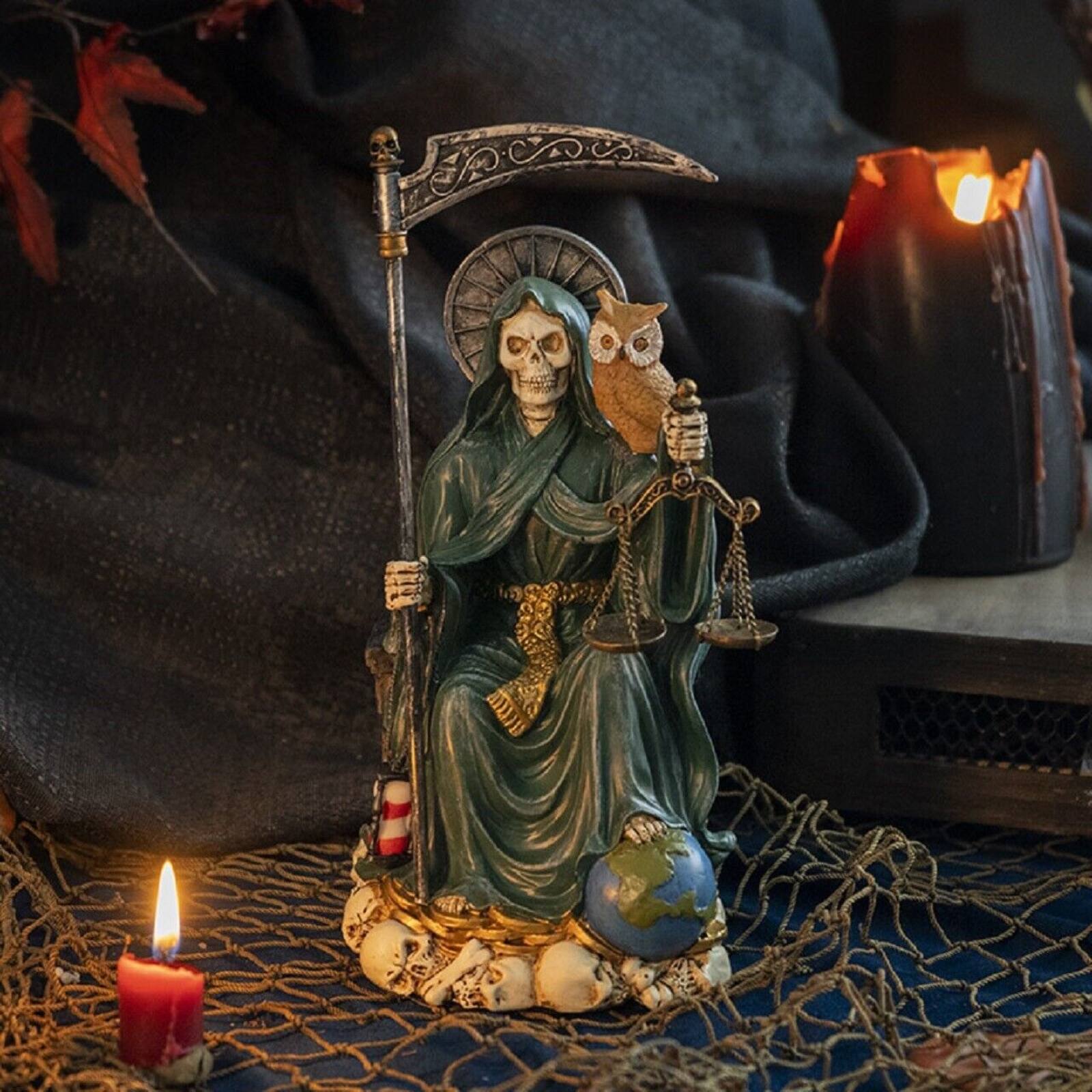 Alt View 1. Pacific Trading - Sitting Santa Muerte inGreen Gown with Owl and Scale Figurine Death 9 Inch.