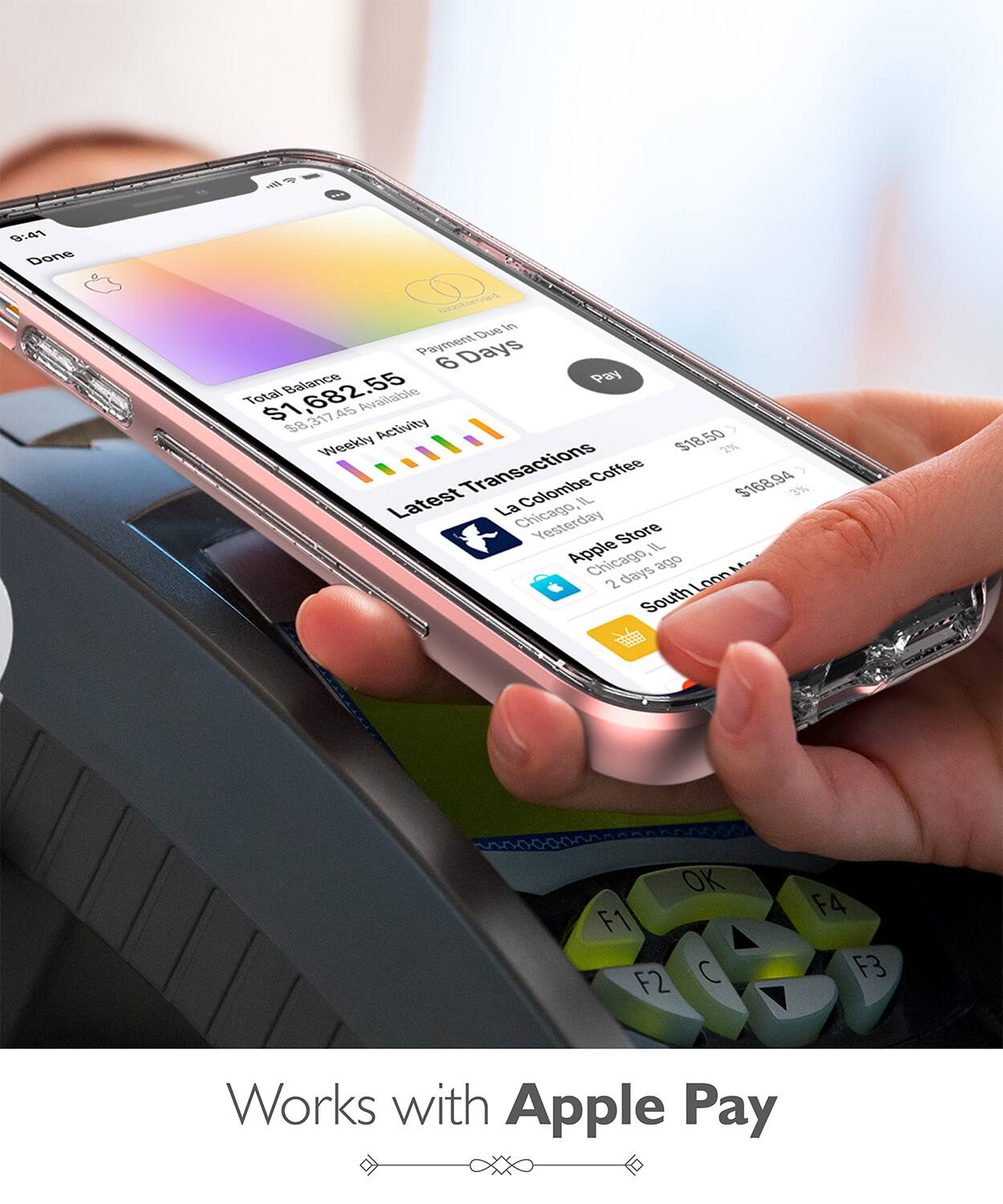 9:47 Done  
Total Balance $1,682.55  
Available $821.75  
Weekly Activity $18.50  
50 Weekly Transactions  
Latest Transactions  
La Colombe Coffee $16.50  
Apple Store $168.94  
Works with Apple Pay