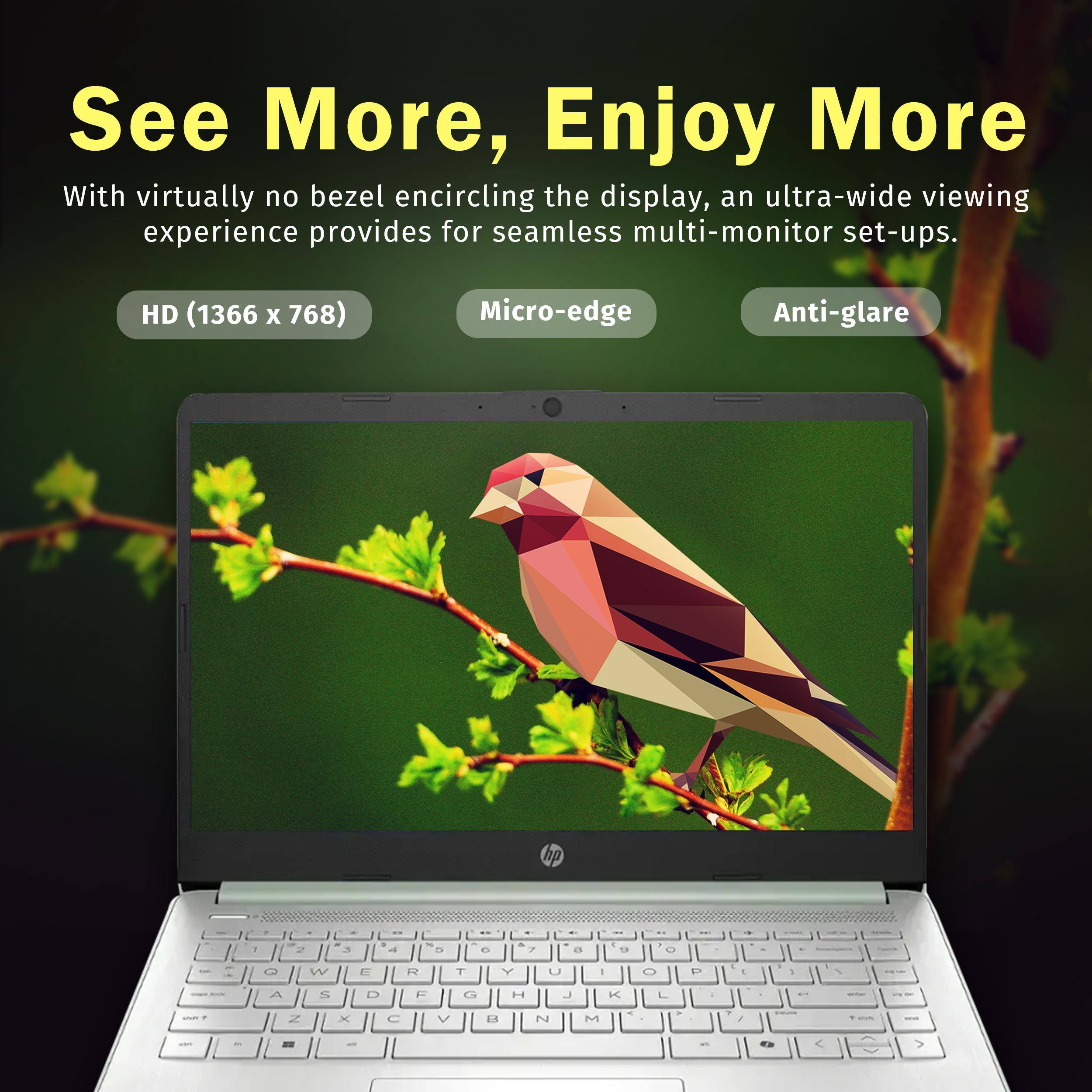 Sure, here is the corrected and grouped text from the image:

---

**See More, Enjoy More**

With virtually no bezel encircling the display, an ultra-wide viewing experience provides for seamless multi-monitor set-ups.

- HD (1366 x 768)
- Micro-edge
- Anti-glare

---