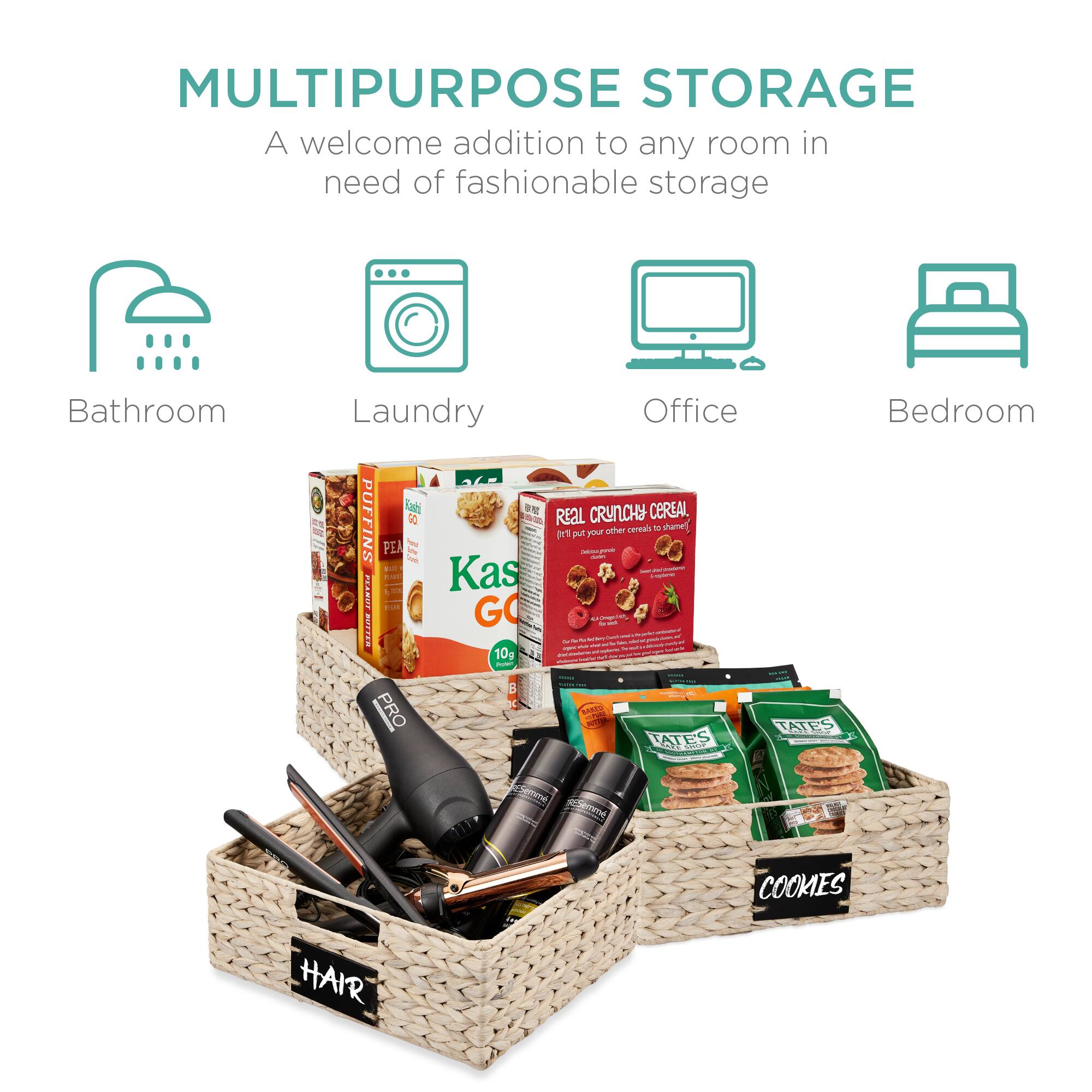 MULTIPURPOSE STORAGE  
A welcome addition to any room in need of fashionable storage  

Bathroom  
Laundry  
Office  
Bedroom  

REAL CRUNCHY CEREAL  
Kas GO  
TATES  
TATES  
PRO  
HAIR  
COOKIES