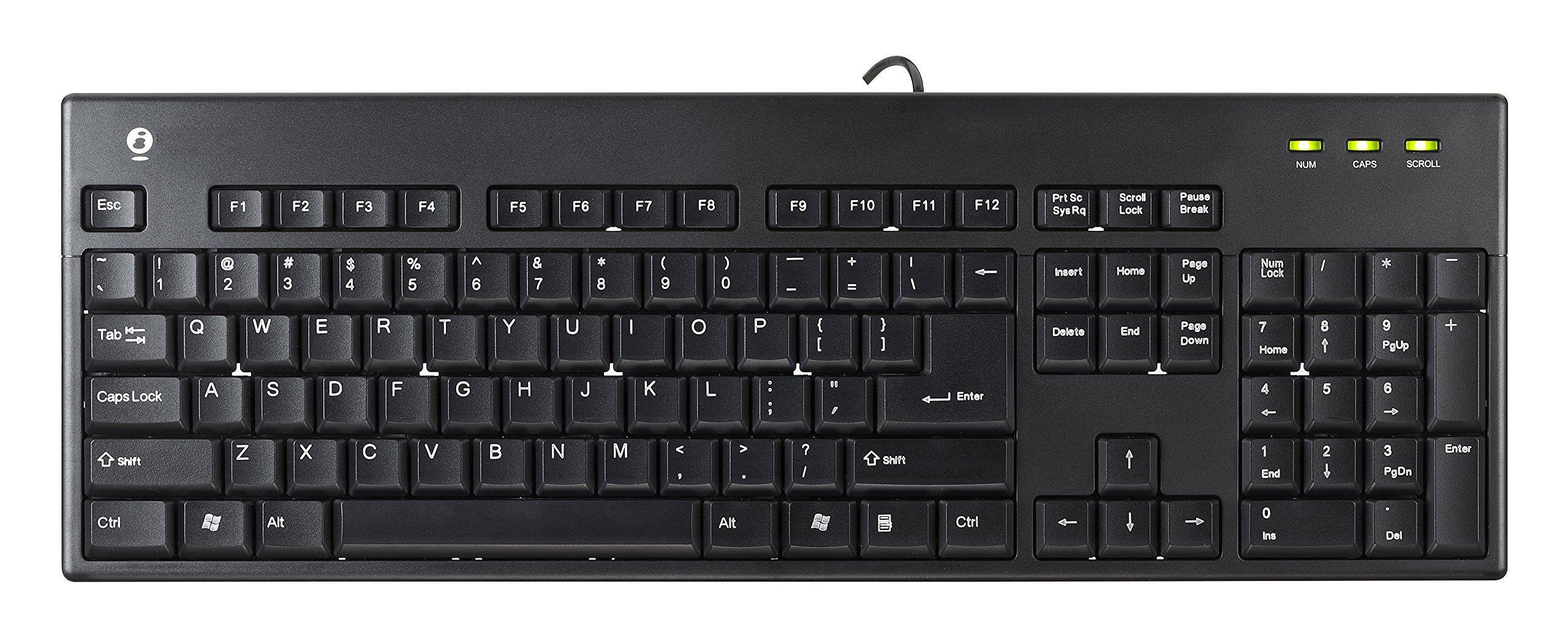 Sure, here is the corrected and grouped text from the image:

**Top Row:**
- Esc
- F1 F2 F3 F4 F5 F6 F7 F8 F9 F10 F11 F12
- Prt Sc SysRq Scroll Lock Pause Break

**Number Row:**
- 1 2 3 4 5 6 7 8 9 0 - = Backspace

**Letter Row:**
- Tab Q W E R T Y U I O P [ ] \
- Caps Lock A S D F G H J K L ; ' Enter

**Bottom Row:**
- Shift Z X C V B N M , . / Shift

**Function Keys:**
- Insert Home Page Up Num Lock
- Delete End Page Down

**Number Pad:**
- 7 8 9 + PgUp
- 4 5 6 - PgDn
- 1 2 3 Enter
- 0 . / Ins Del

**Modifier Keys:**
- Ctrl
- Alt
- Alt
- Ctrl

**Indicator Lights:**
- NUM
- CAPS
- SCROLL