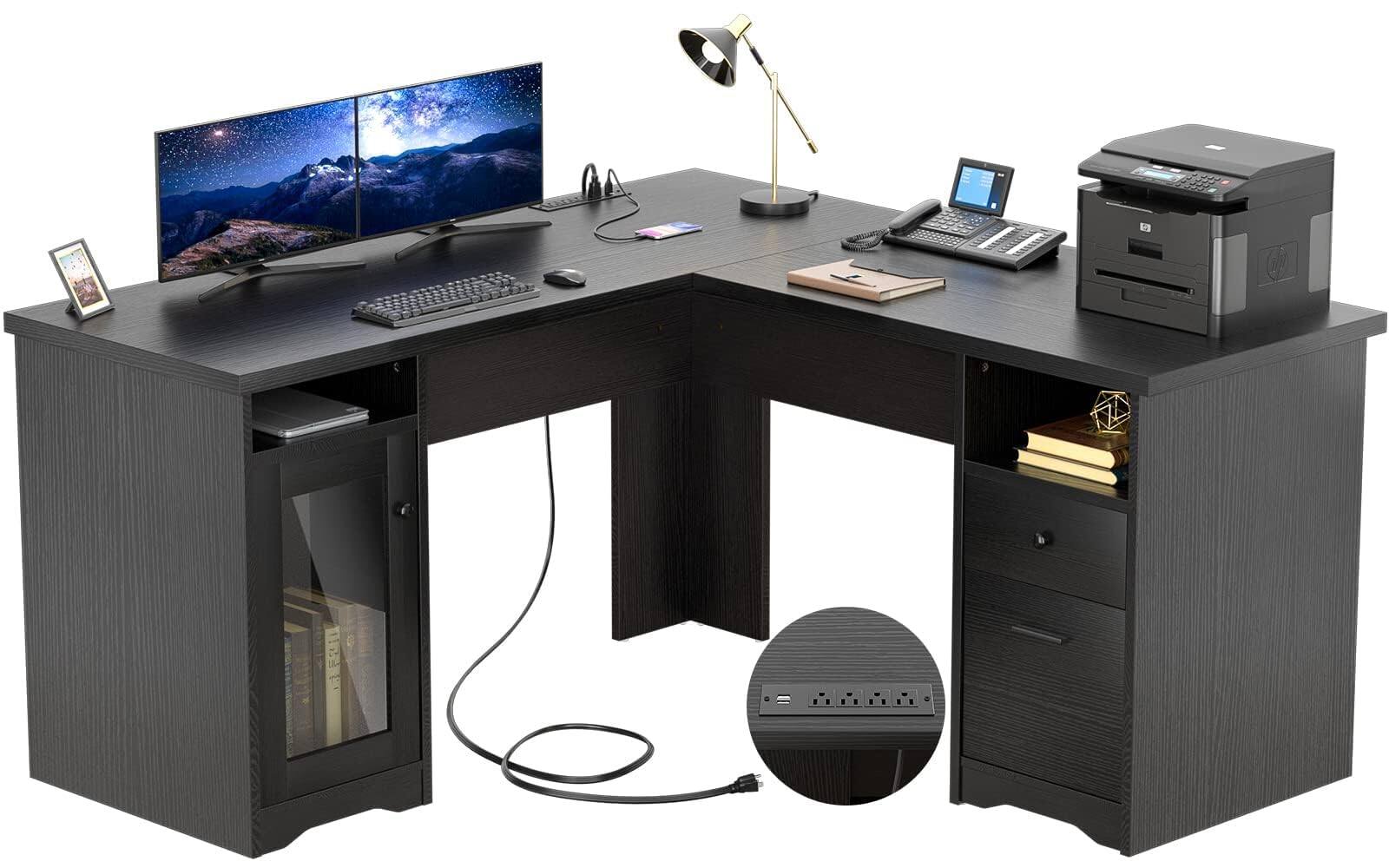 Front. Aheaplus - 60"L-Shaped Corner Desk - Sturdy 2-Person Executive Desk with Storage/File Cabinets & Power/USB Ports - Black.