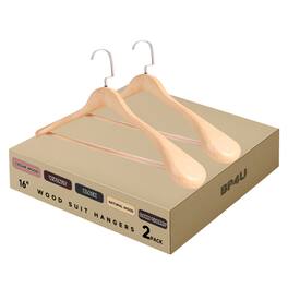 BP4U - 2-Pack Premium Wide Shoulder Wooden Suit Hangers, 16" Women's Solid Wood Clother Hangers with Pant Bar - Natural Wood