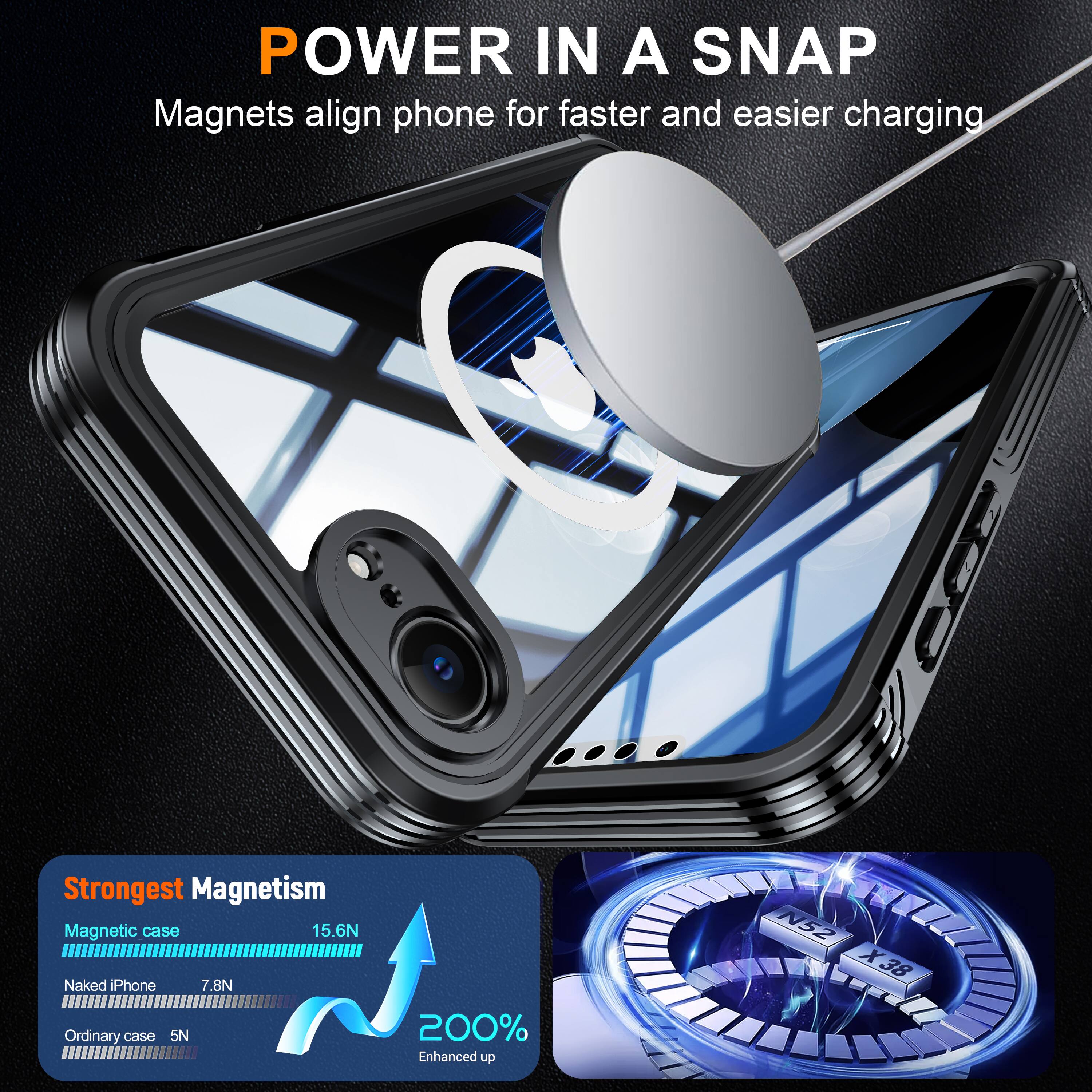 POWER IN A SNAP  
Magnets align phone for faster and easier charging  

Strongest Magnetism  
Magnetic case 15.6N  
Naked iPhone 7.8N  
Ordinary case 5N  

200% Enhanced up  
N52 X38