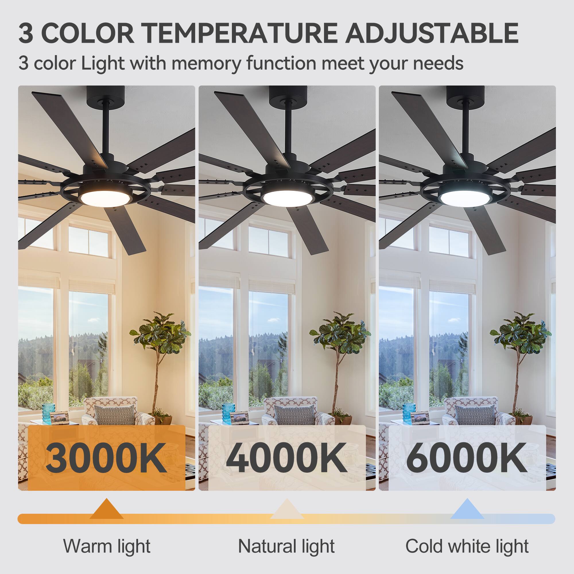 3 COLOR TEMPERATURE ADJUSTABLE  
3 color Light with memory function meet your needs  

3000K  
Warm light  

4000K  
Natural light  

6000K  
Cold white light