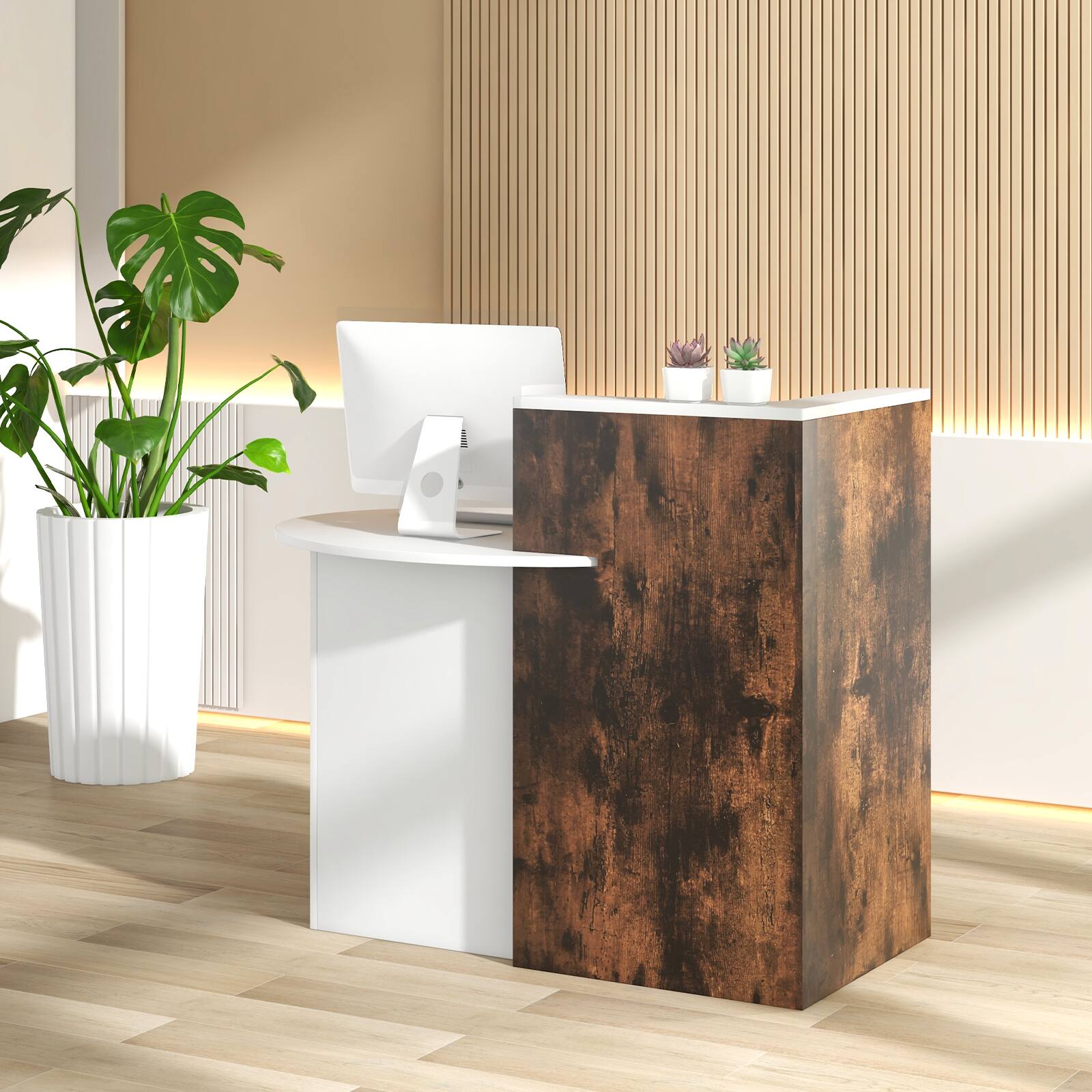Angle. SlickBlue - Office Reception Desk with Lockable Drawer & Open Shelf – Professional Workstation - Rustic Brown.