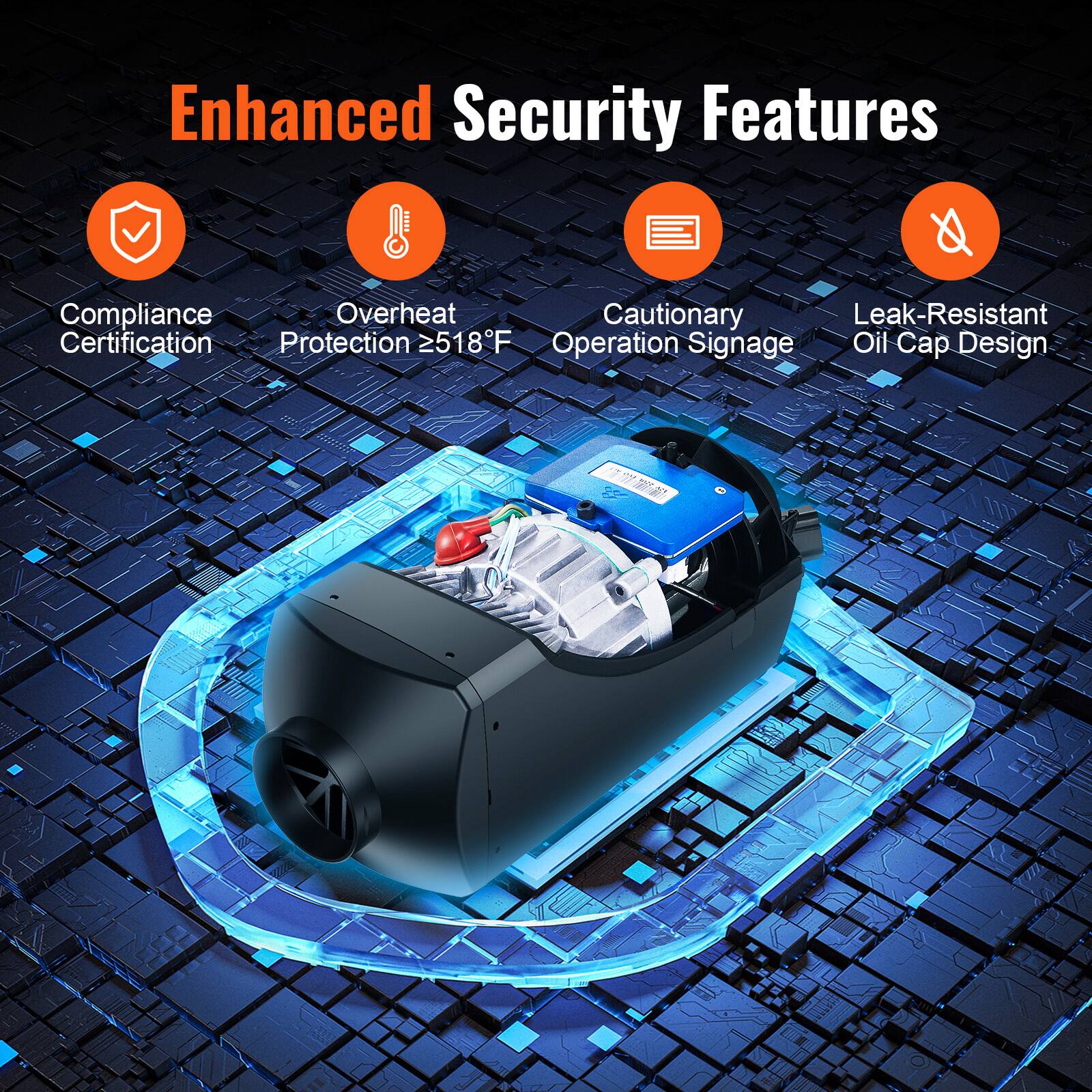 Enhanced Security Features

- Compliance Certification
- Overheat Protection ≥518°F
- Cautionary Operation Signage
- Leak-Resistant Oil Cap Design