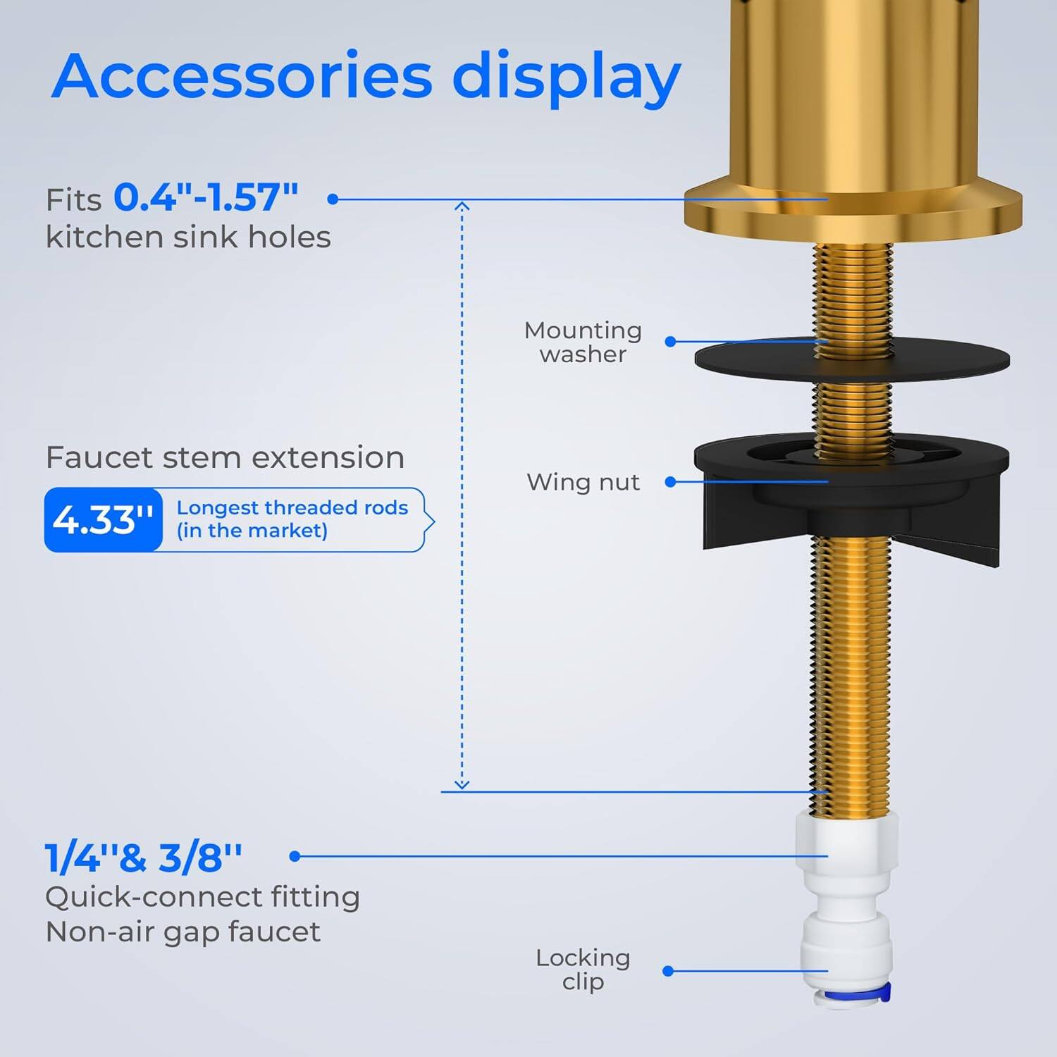 Accessories display

- Fits 0.4"-1.57" kitchen sink holes
- Mounting washer
- Faucet stem extension
  - 4.33" (Longest threaded rods in the market)
- Wing nut
- 1/4" & 3/8" Quick-connect fitting
- Non-air gap faucet
- Locking clip