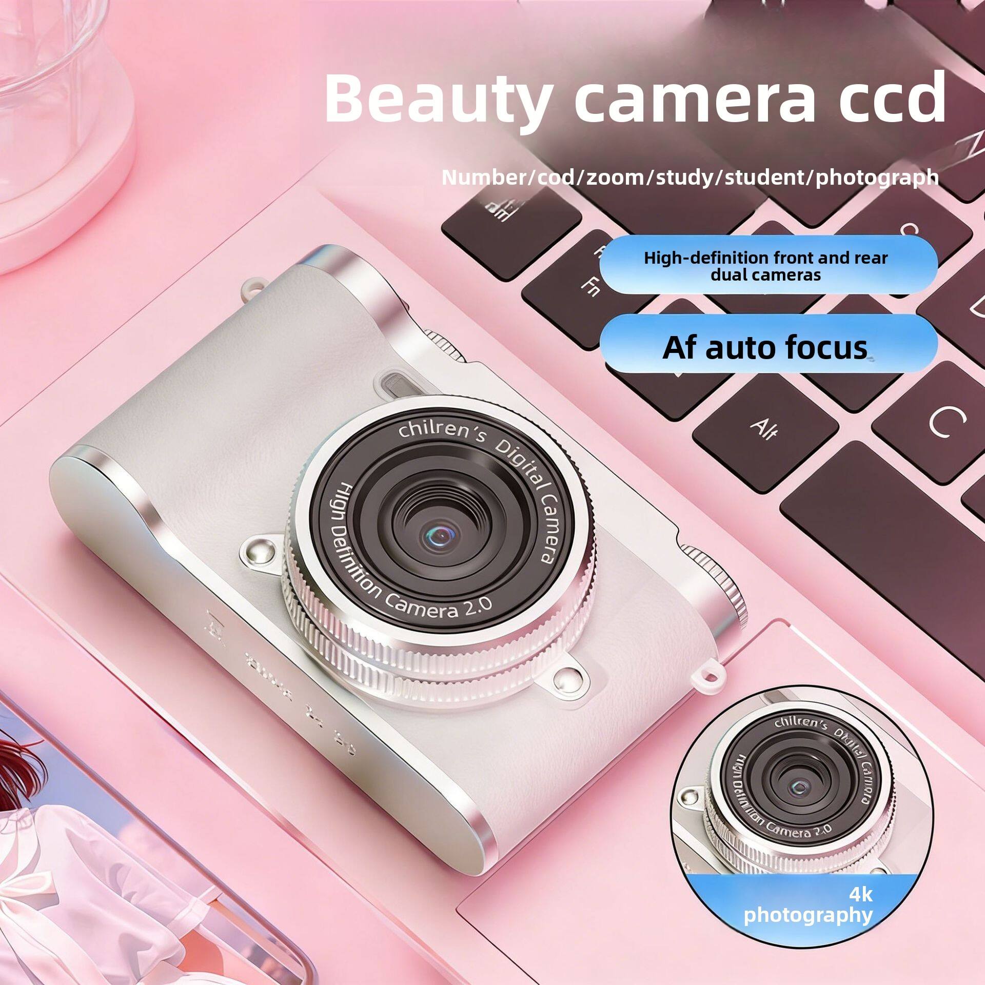 Beauty camera ccd  
Number/cod/zoom/study/student/photograph  
High-definition front and rear dual cameras  
Af auto focus  
4k photography  
children's Digital High Definition Camera 2.0