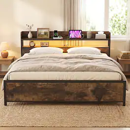 Costway - King Bed Frame with LED Lights Power Outlets Storage Headboard Metal Slat Support - Rustic Brown