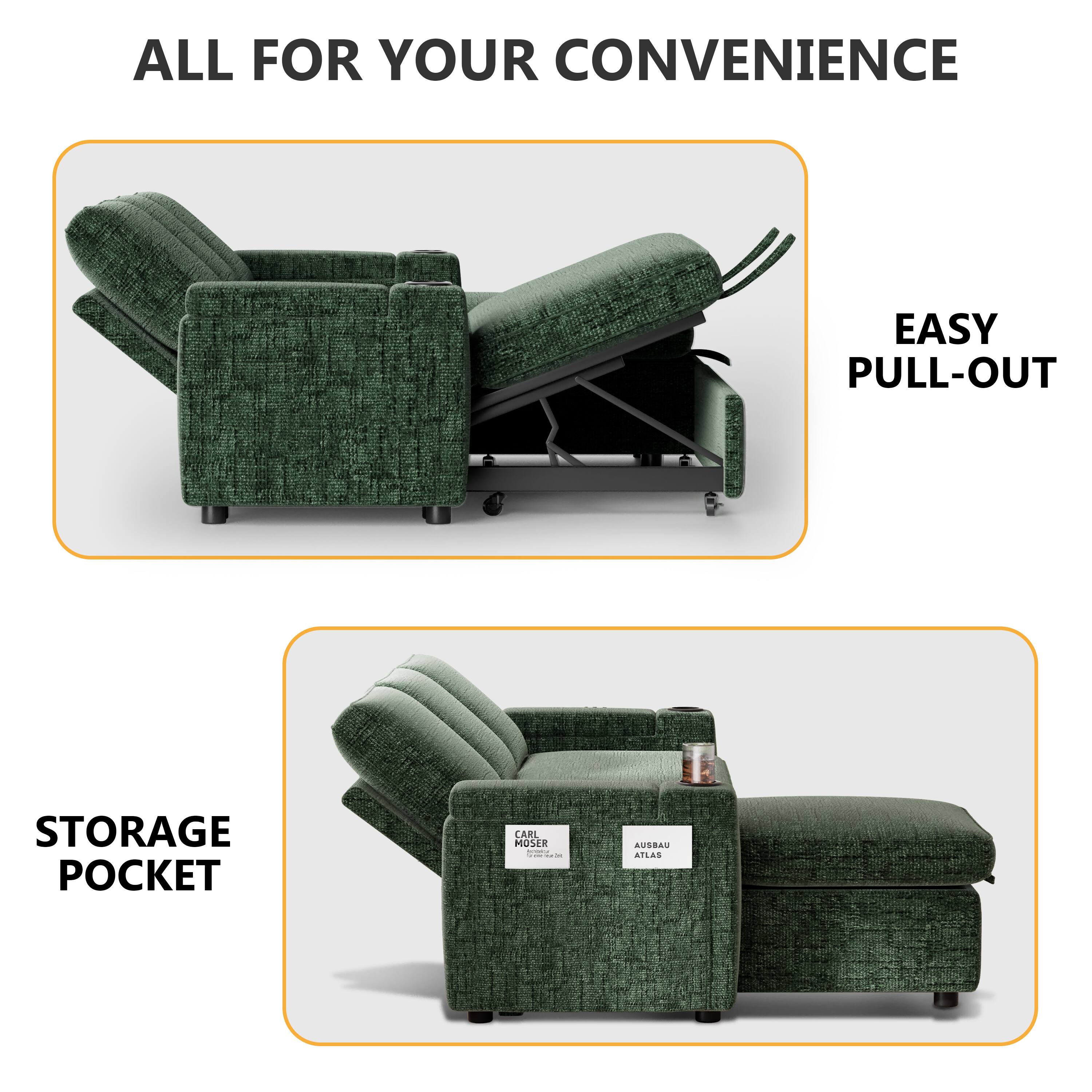 Alt View 1. Dyonery - Dyonery 81-inch foldable sofa with built-in cup holders, storage compartments on the armrests, Chenille, green - Beige.