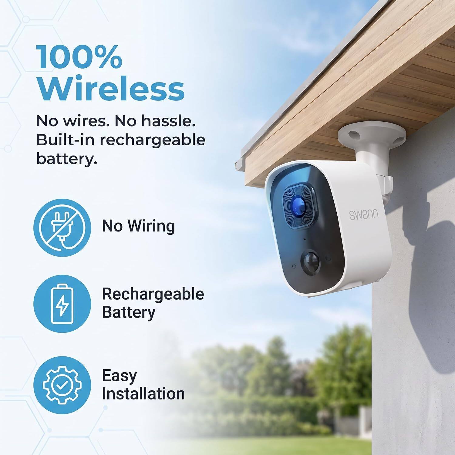 100% Wireless  
No wires. No hassle. Built-in rechargeable battery.  
No Wiring  
Rechargeable Battery  
Easy Installation
