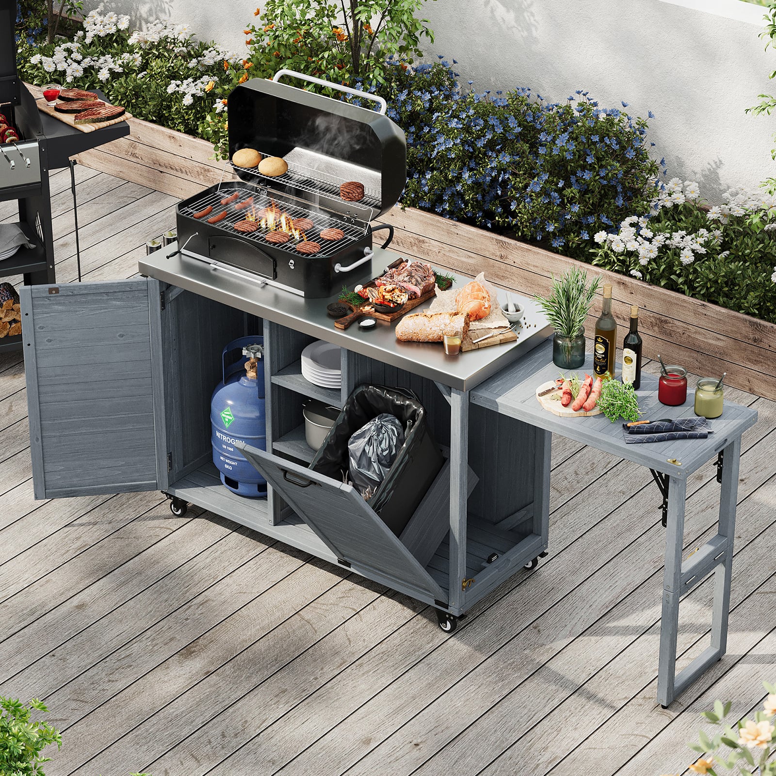 Chateau Abodes - 78.3" Outdoor Kitchen Island with Foldable Grill Table, Wooden Cart with Stainless Steel Top & Trash Storage - Grey Blue