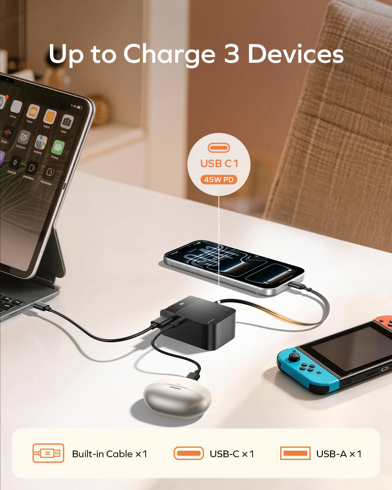Up to Charge 3 Devices  
USB C1 45W PD  
Built-in Cable x1  
USB-C x1  
USB-A x1