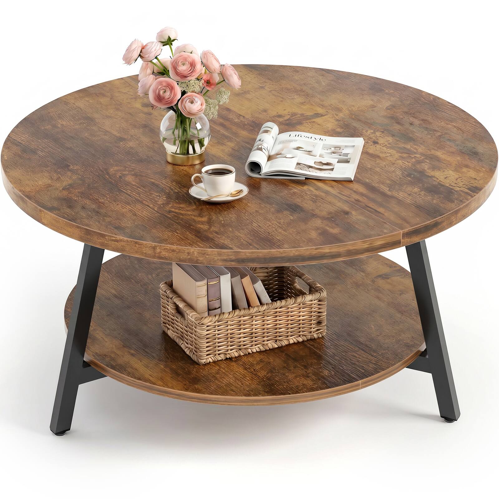 Angle. Aheaplus - 35.4'' Round Coffee Table with Storage, 2-Tier Small Modern Coffee Table for Living Room - Brown.
