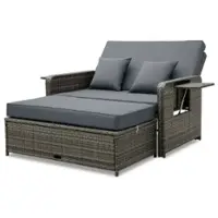 Costway Wicker Loveseat Sofa Set Patio Rattan Daybed with Ottoman & Retractable Side Tray - Mix Gray + Gray - Front_Zoom