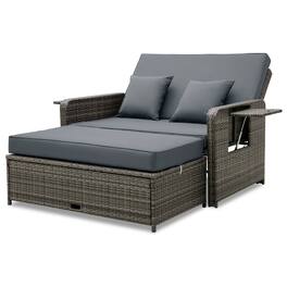 Costway - Wicker Loveseat Sofa Set Patio Rattan Daybed with Ottoman & Retractable Side Tray - Mix Gray + Gray