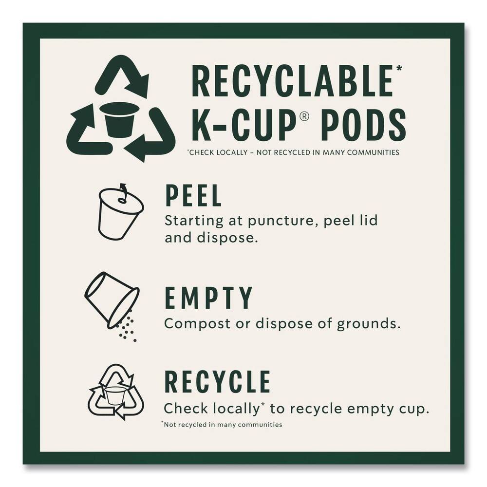 RECYCLABLE* K-CUP® PODS  
*CHECK LOCALLY - NOT RECYCLED IN MANY COMMUNITIES  

PEEL  
Starting at puncture, peel lid and dispose.  

EMPTY  
Compost or dispose of grounds.  

RECYCLE  
Check locally* to recycle empty cup.  
*Not recycled in many communities