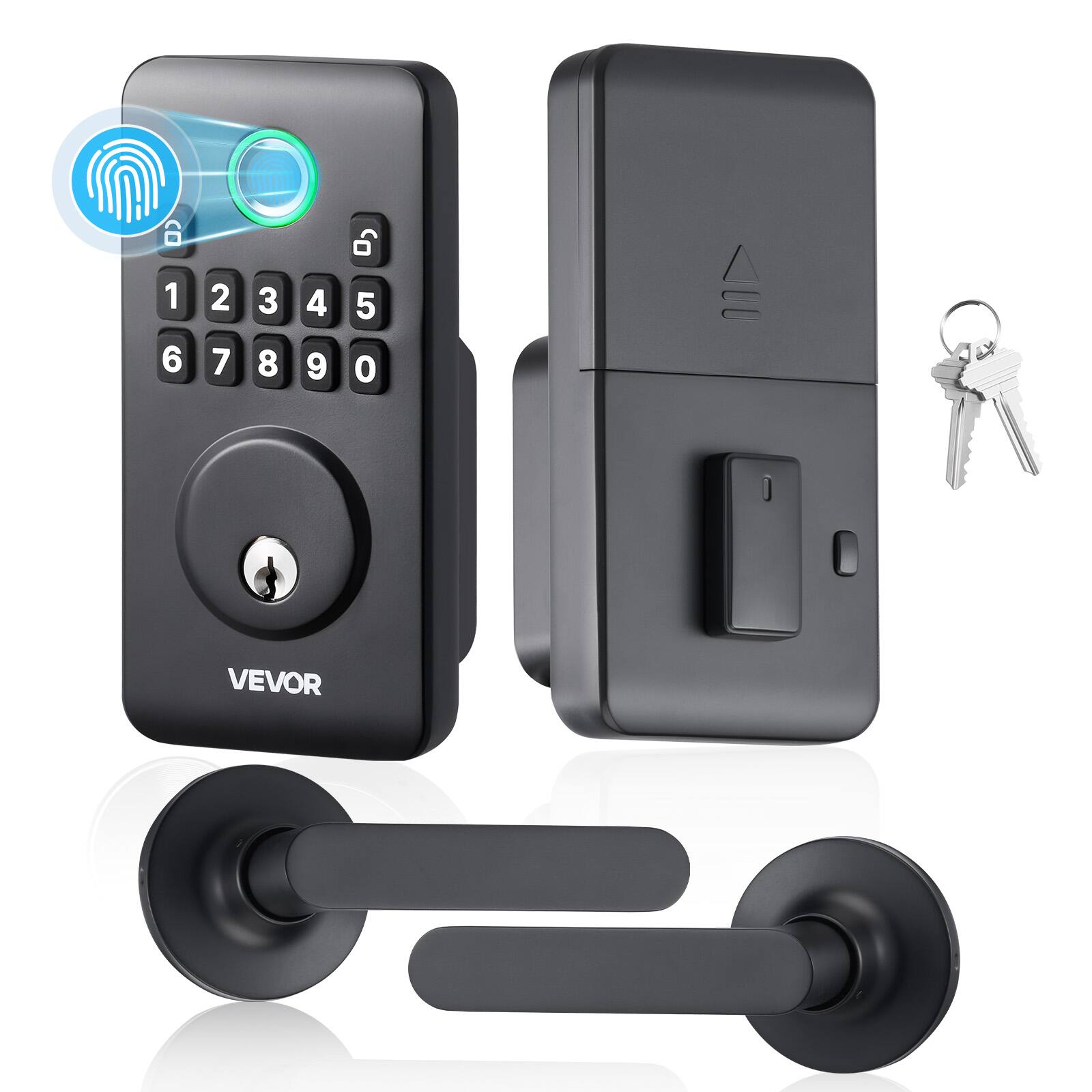 Front. VEVOR - Fingerprint Door Lock Set,Electronic Biometric Deadbolt Keyless Entry Door Lock with Handle, Pioneering Easy-Grip Design - Matte black.