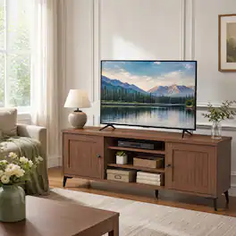 WELLFOR - Mid Century Modern TV Stand for TVs up to 65 Inch, Entertainment Center with 2 Door & Open Shelf for Living Room - Brown